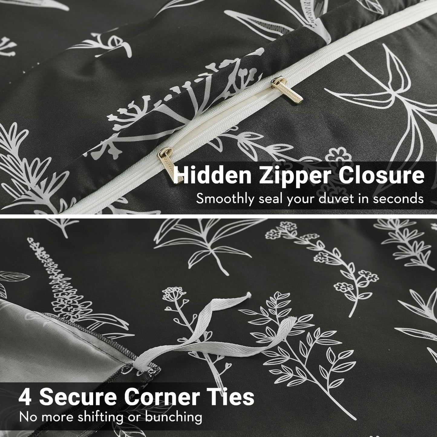 MUXHOMO Duvet Cover Queen Size, Reversible Floral Black Duvet Cover Set with Zipper Closure, 3 Pieces Botanical Patterns Soft Microfiber Bedding Set with 4 Ties (90"x90", 2 Pillow Cases)