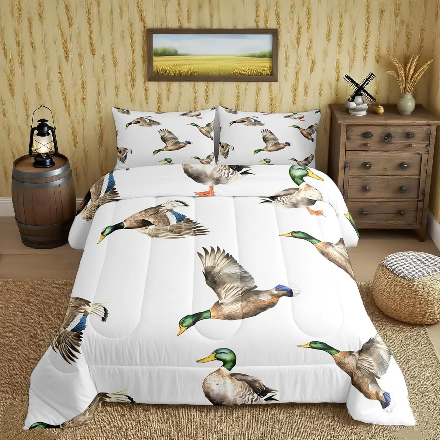 Feelyou Mallard Duck Bedding Set Hunting and Fishing Comforter Set Wild Animal Comforter for Boys Girls Kids Wildlife White Duvet Set Twin Size with 1 Pillow Case