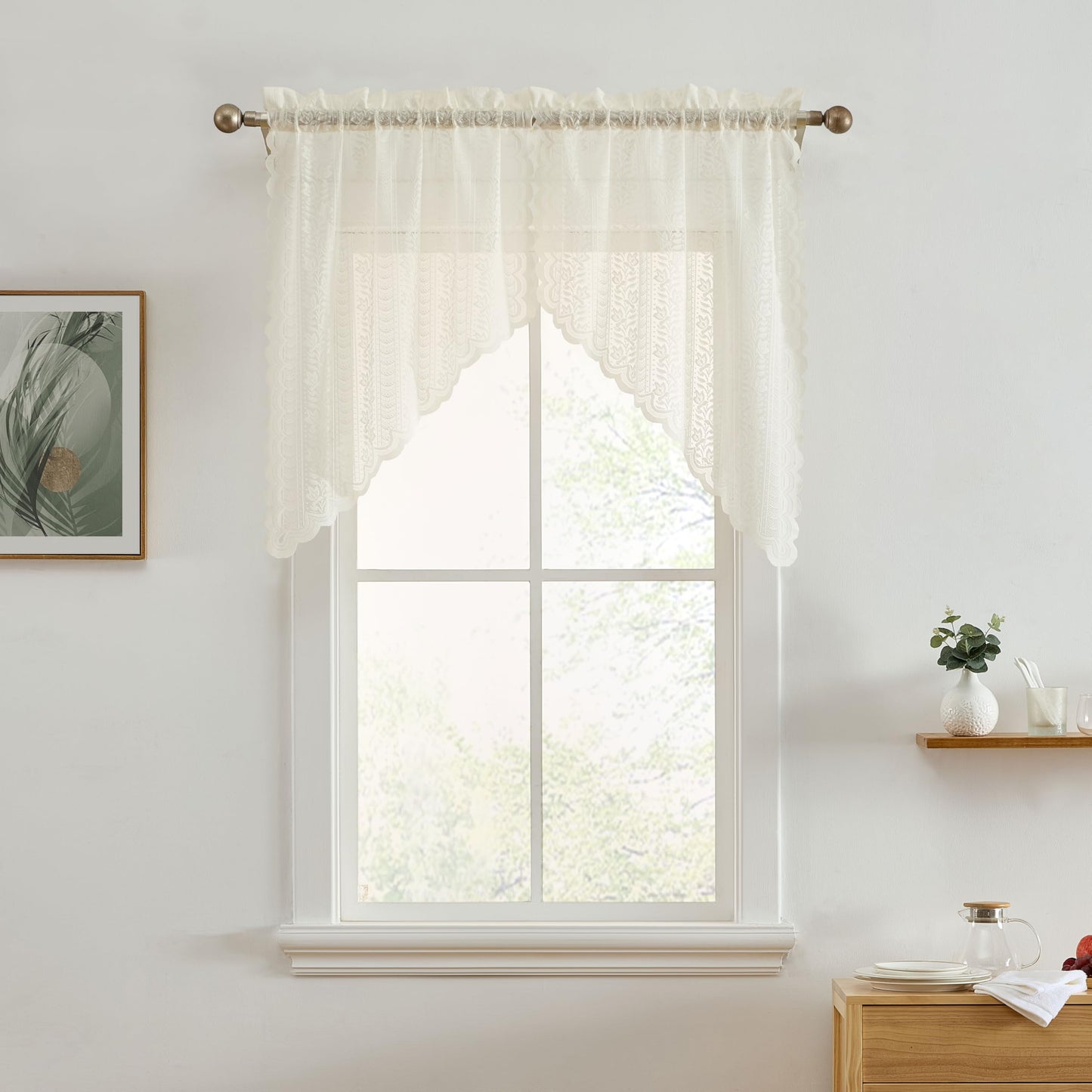 HLC.ME Sophia Floral Rod Pocket Lace Short Cafe Swags for Small Windows - 28 x 36 Inch Length (Ivory Swags, Set of 2)
