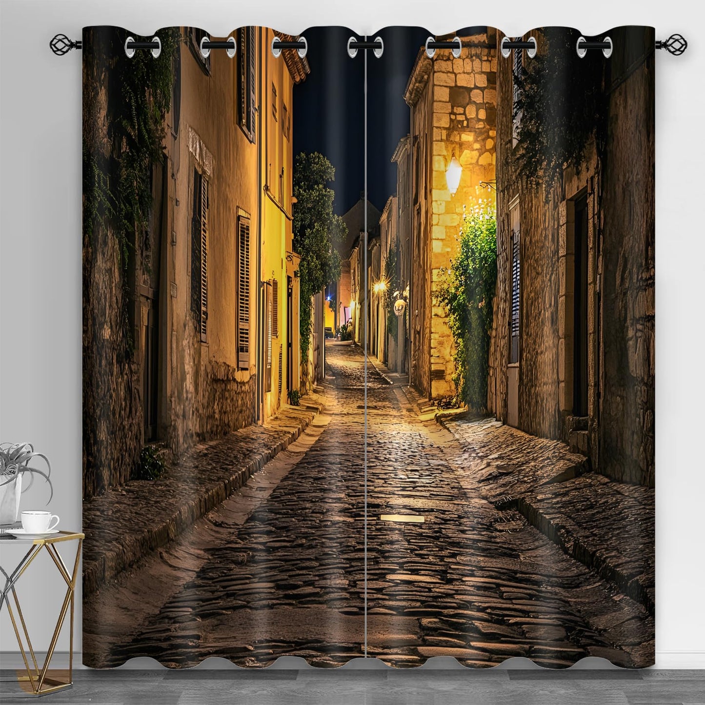 XAFIAUR European Town Curtains,Ancient Streets Blackout Curtains City Night View Grommet Drapes 2 Panels for Bedroom Living Room 21" W x 63" L x2
