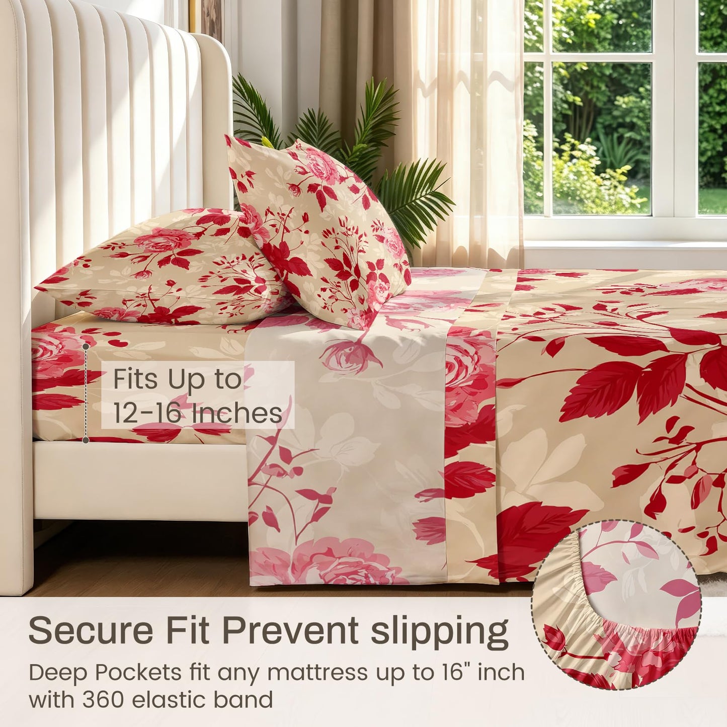Red Rose California King Sheet Set 4 Pcs Vintage Floral Bed Sheets