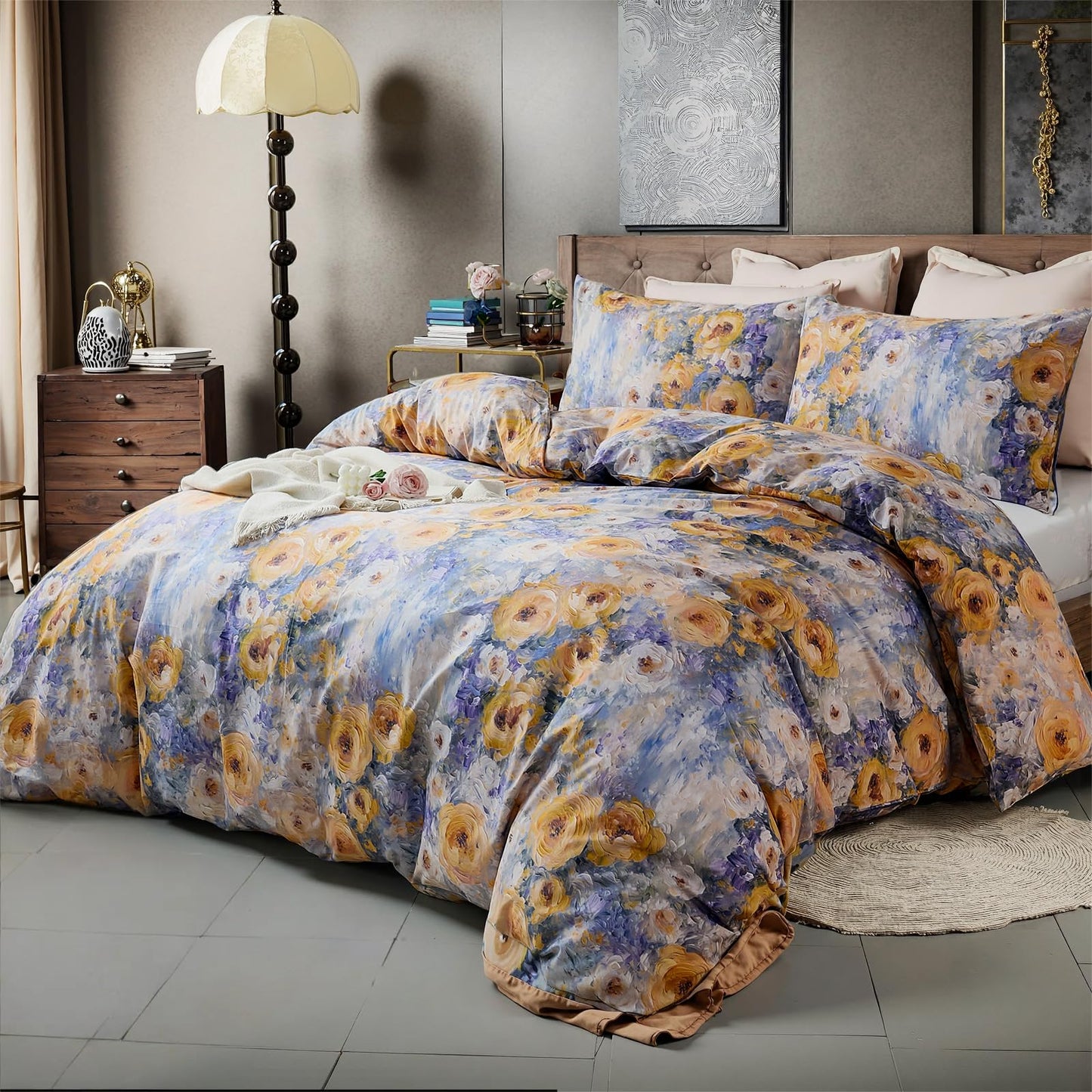 Cozaline 100% Cotton Duvet Cover King Size – Impressionist Natural Yellow & Blue Floral Duvet Cover Set with Zipper Closure, 3-Piece Soft Breathable Durable Percale Cotton Bedding Set for All Seasons