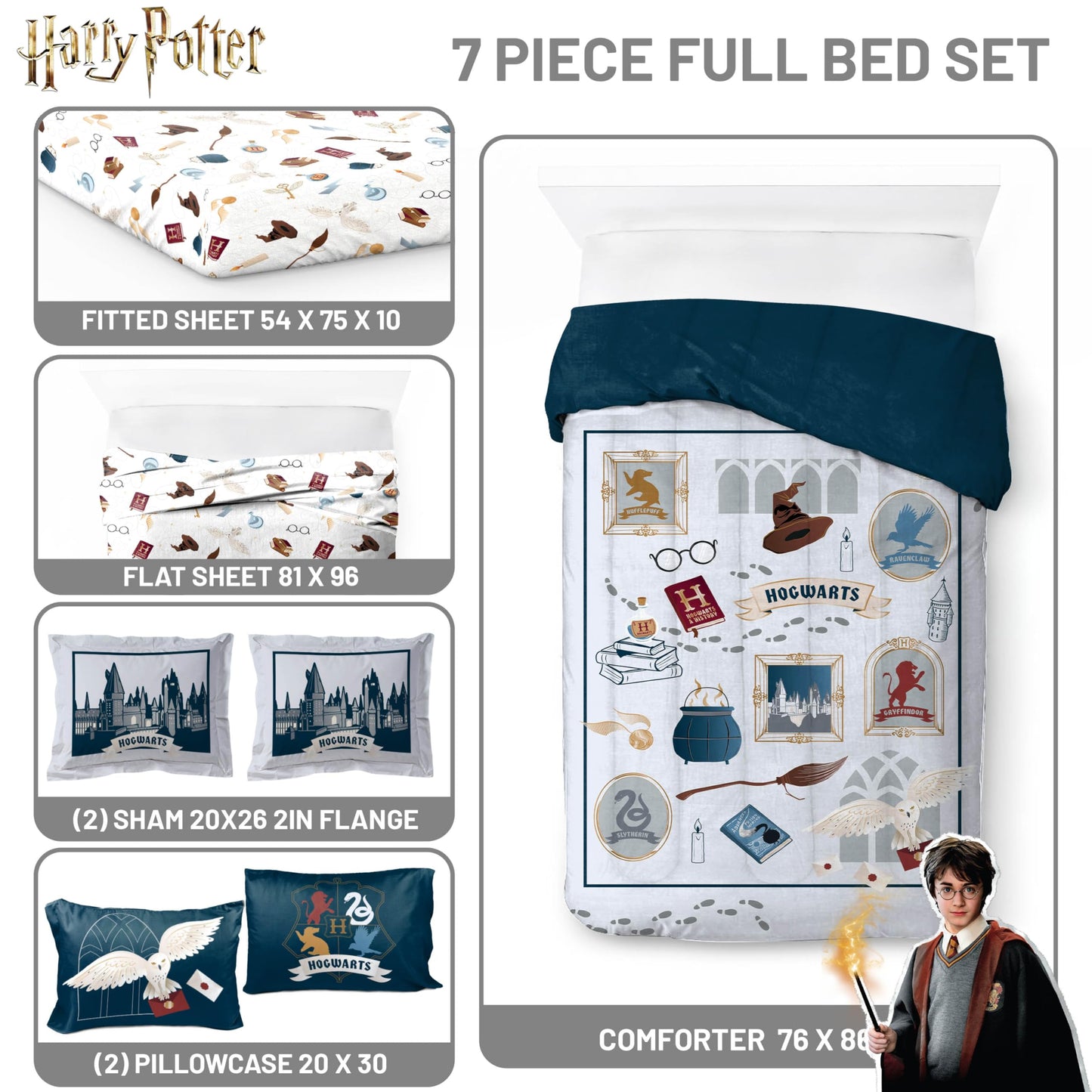 Jay Franco Kids Bed Set, Dark Grey, Harry Potter, 7 Piece Full