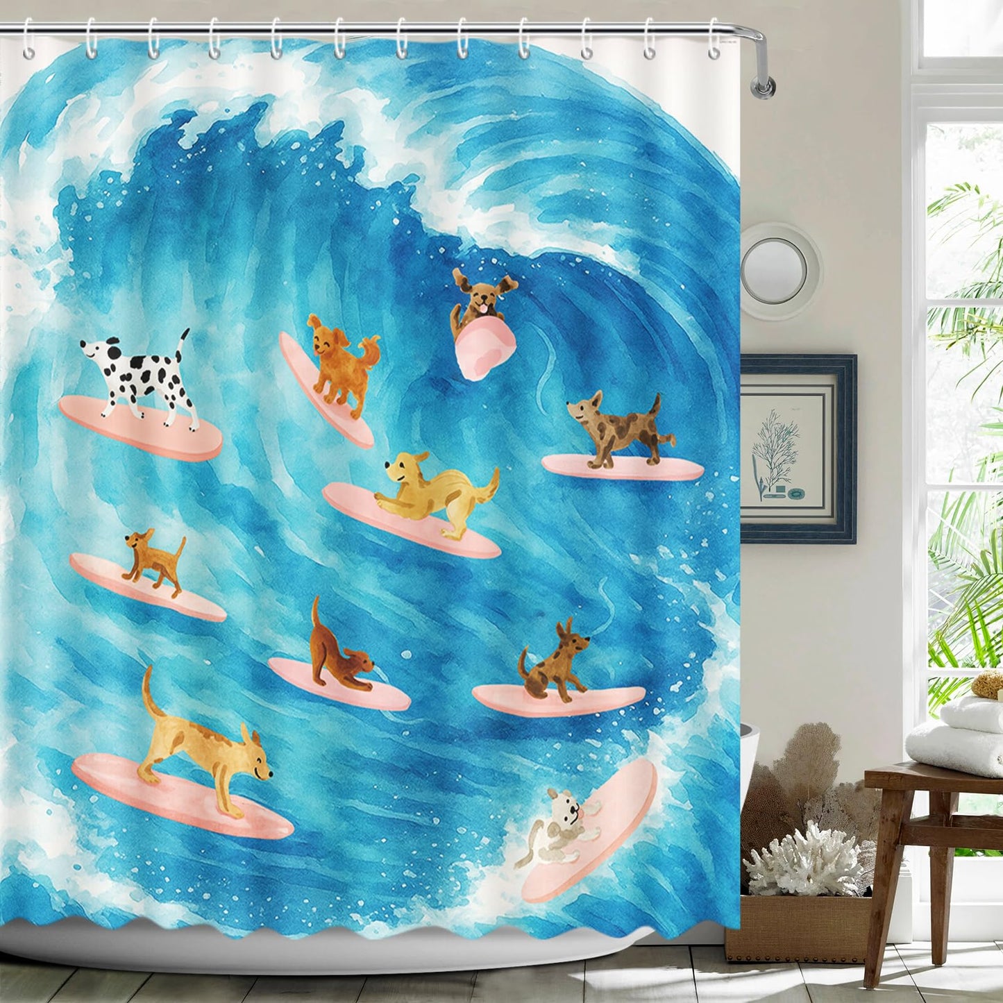 MEHOFOND Cute Dog Shower Curtain Funny Surfing Dog Summer Shower Curtain for Bathroom for Kids Kawaii Cartoon Pet Animal Ocean Bathtub Home Decor Fabric Waterproof Washable Bath Curtain 72x72 Inch