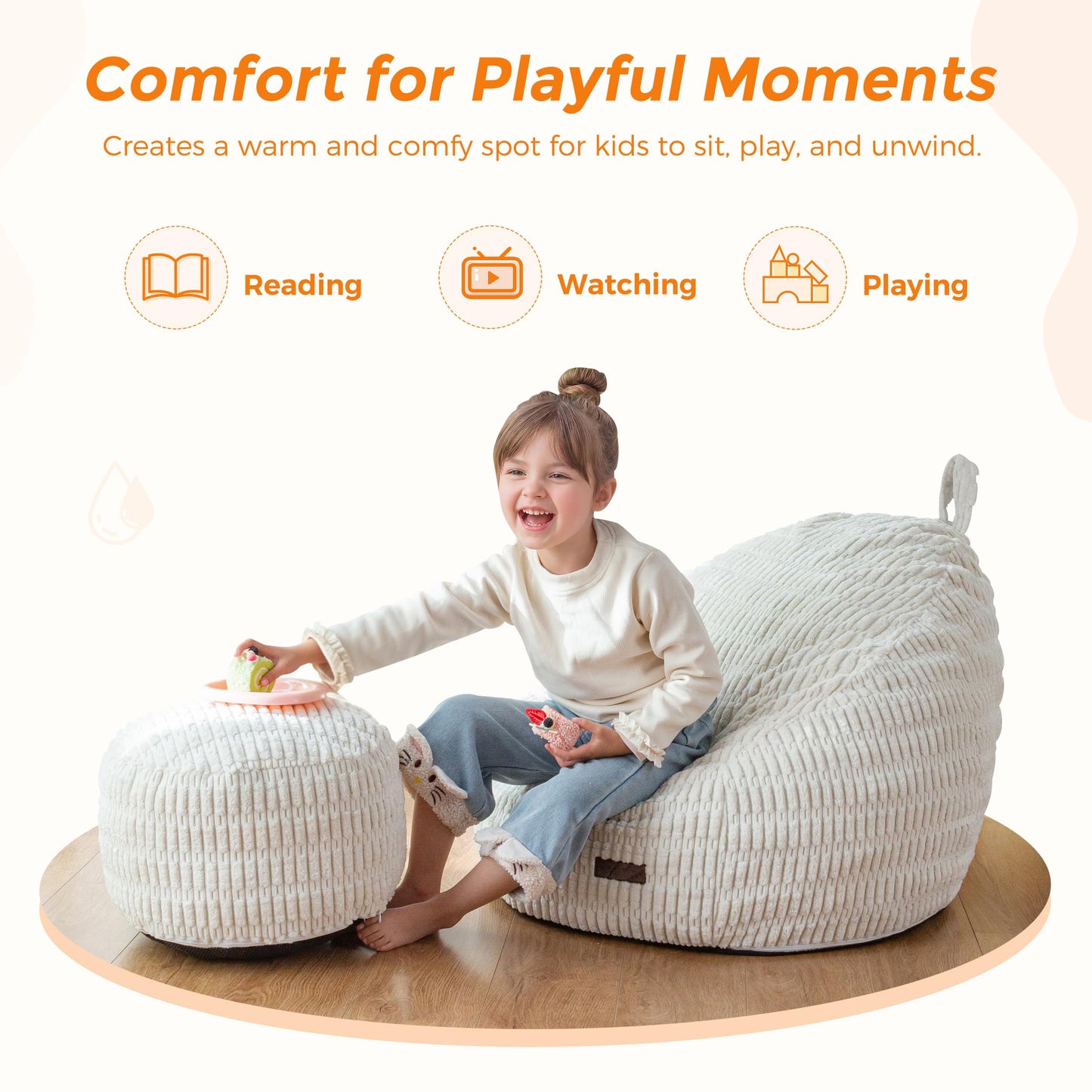 MAXYOYO Kids Bean Bag Chair with Ottoman, Soft Floor Bean Bag Sofa, Beige