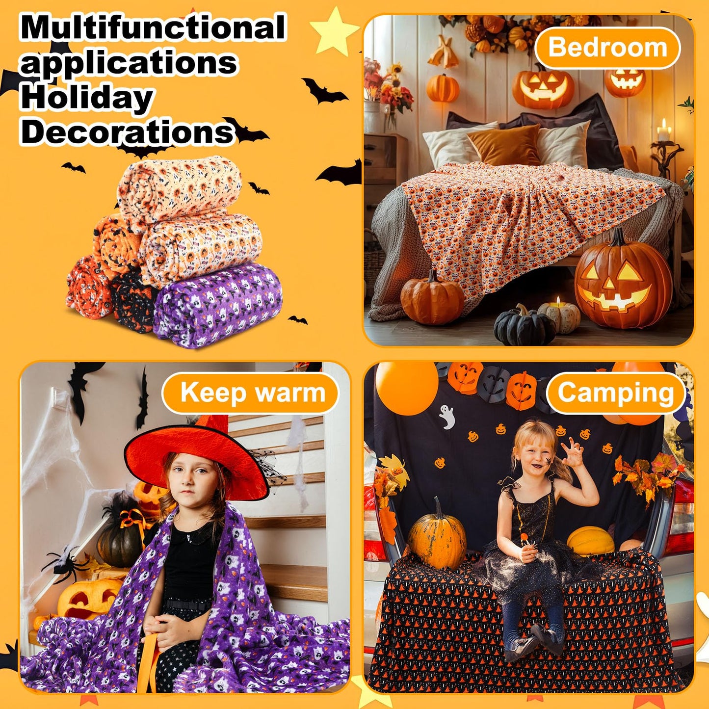 Fanfanwin 6 Pack Halloween Throws Blanket in Bulk Halloween Flannel Blanket Pumpkin Ghost Black Cat Lightweight Throw Soft Warm Fluffy Plush Quilt for Living Room Couch Dorm, 50 x 60 Inch