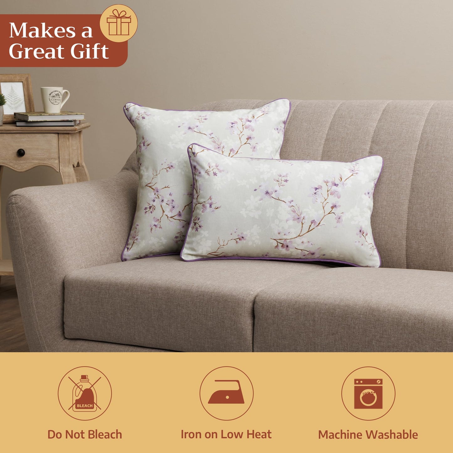 Maison d' Hermine Decorative Pillow Covers 18 x 18 inch Square 100% Cotton Throw Pillow Covers with Invisible Zipper for Living Room Couch Chair Sofas Spring Summer (Blossoms in Spring - Lavender)