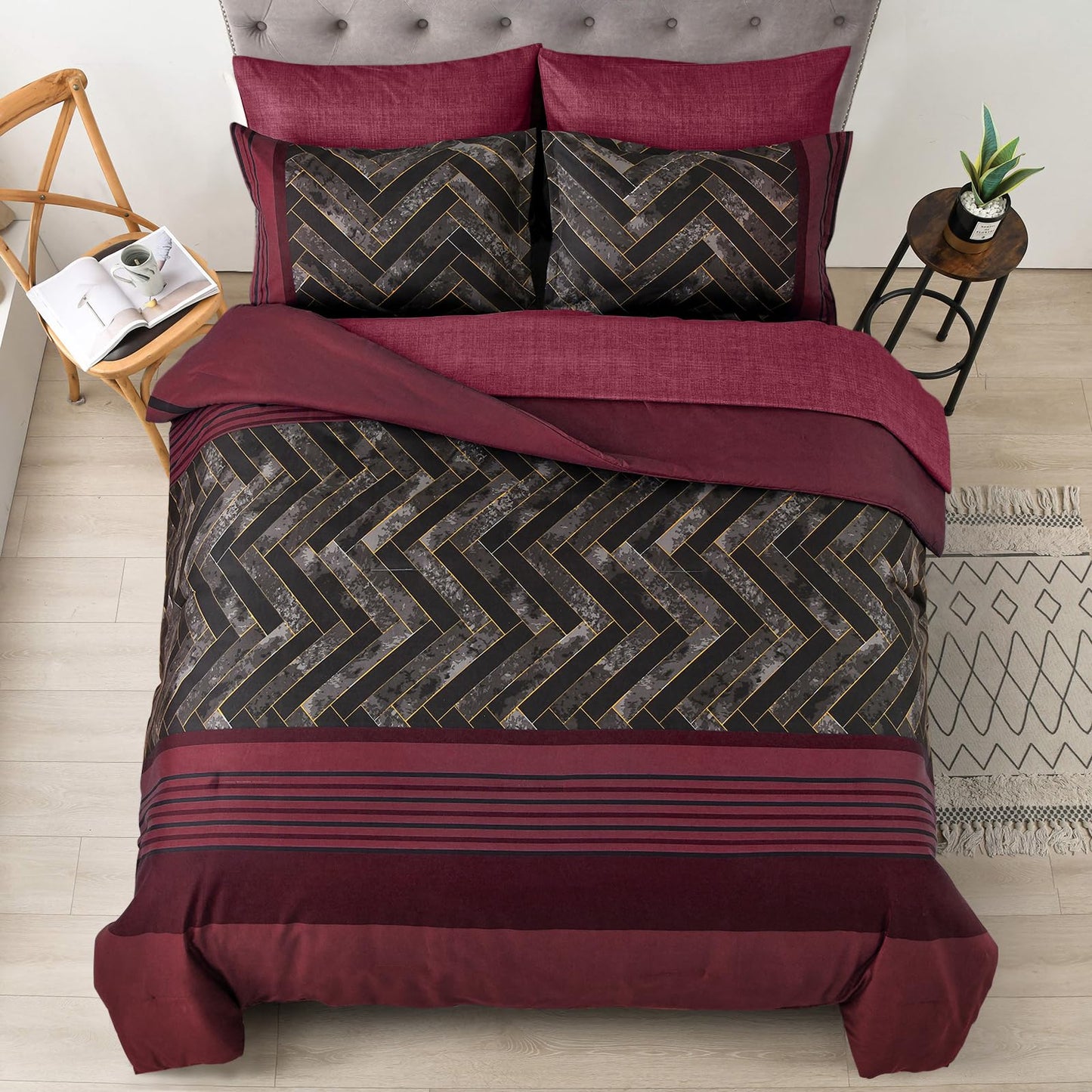 Luxudecor Burgundy Comforter Set Queen Size 7 Pieces Red and Black Stripe Bed in a Bag Geometric Comforter and Sheet Set, Soft Microfiber Complete Bedding Sets for All Seasons