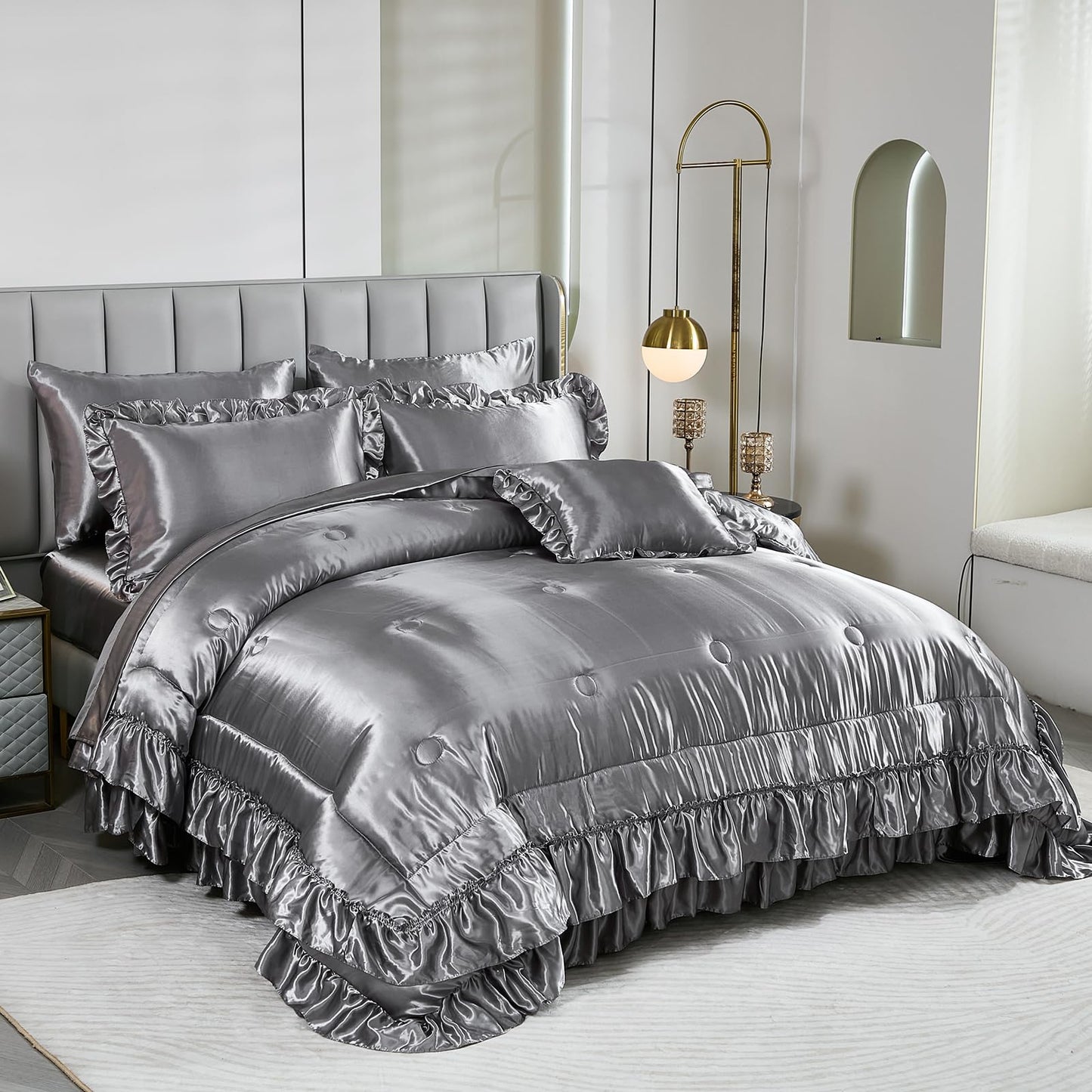 Grey Satin Comforter Set with Sheets,Silk Like Satin Ruffle Bed Duvet Set,Silky Luxury Bed in a Bag King Bedding Set 8 Pcs,1 Comforter,4 Pillowcases,1 Flat Sheet,1 Fitted Sheet,1 Cushion Cover