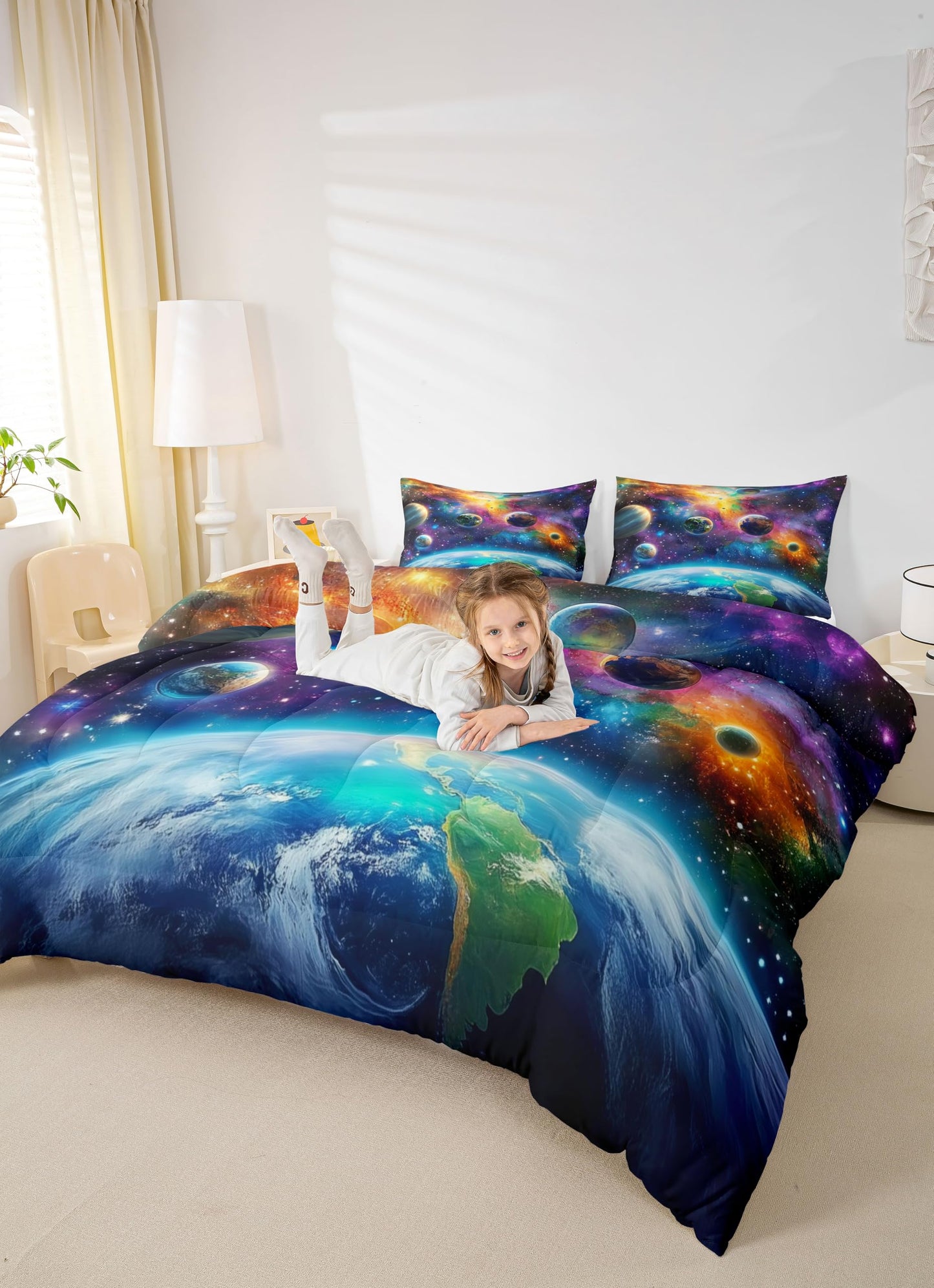 Feelyou Universe Galaxy Comforter Set Twin Size Kids Planets Earth Bedding Set Boy Girl Teen Solar System Comforter Breathable Outer Space Duvet Set Nebula Quilt Set