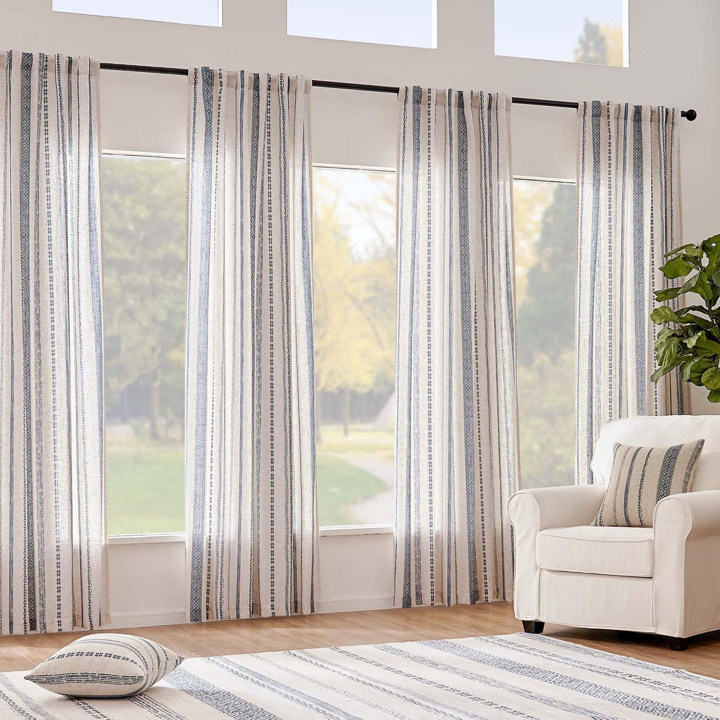 jinchan Linen Blend Boho Curtains for Living Room, 84 Inch Long Blue Printed on Beige Retro Farmhouse Bohemian Geometric Striped Drapes, Light Filtering Back Tab Curtains 2 Panels
