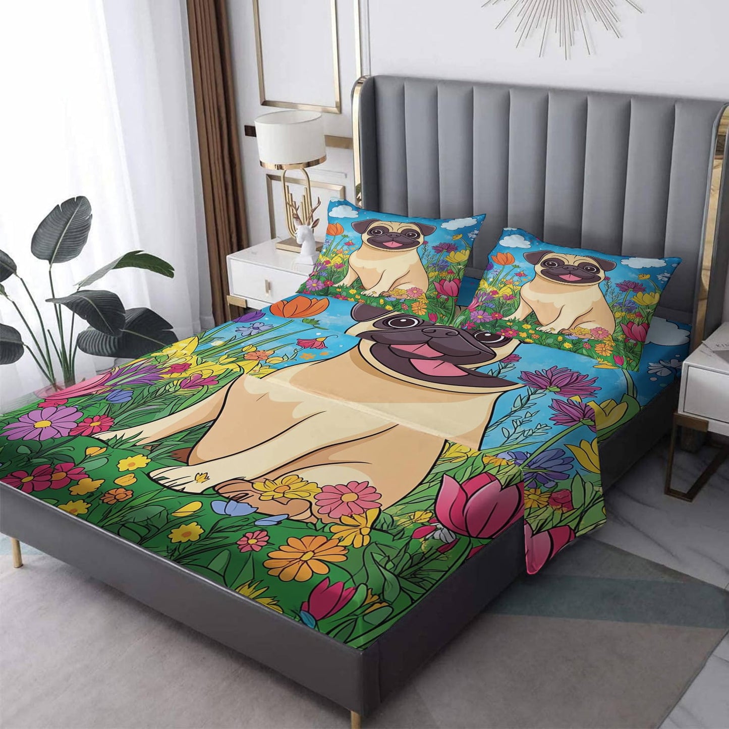 Rejkxyw King Size Sheets Set Cartoon French Bulldog - Puppy Dog Bed Sheets - Kids Boys Girls Sheet Set - 12 Inch Deep Pocket - Ultra Soft Winkle Free Microfiber Bedding Sheets & Pillowcases 4 Piece