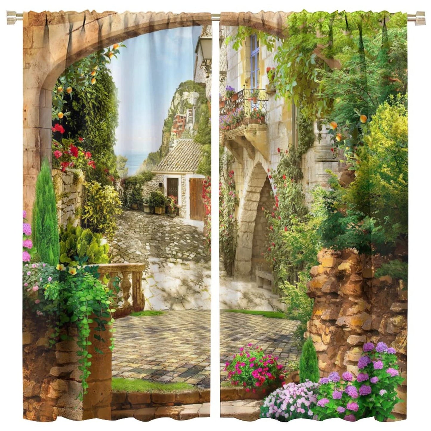 Italy Natural Scenery Curtains,Country Old Stone Arch Garden View Vintage Style Room Darkening Window Drapes for Living Room Bedroom Dining Room W42xL45in