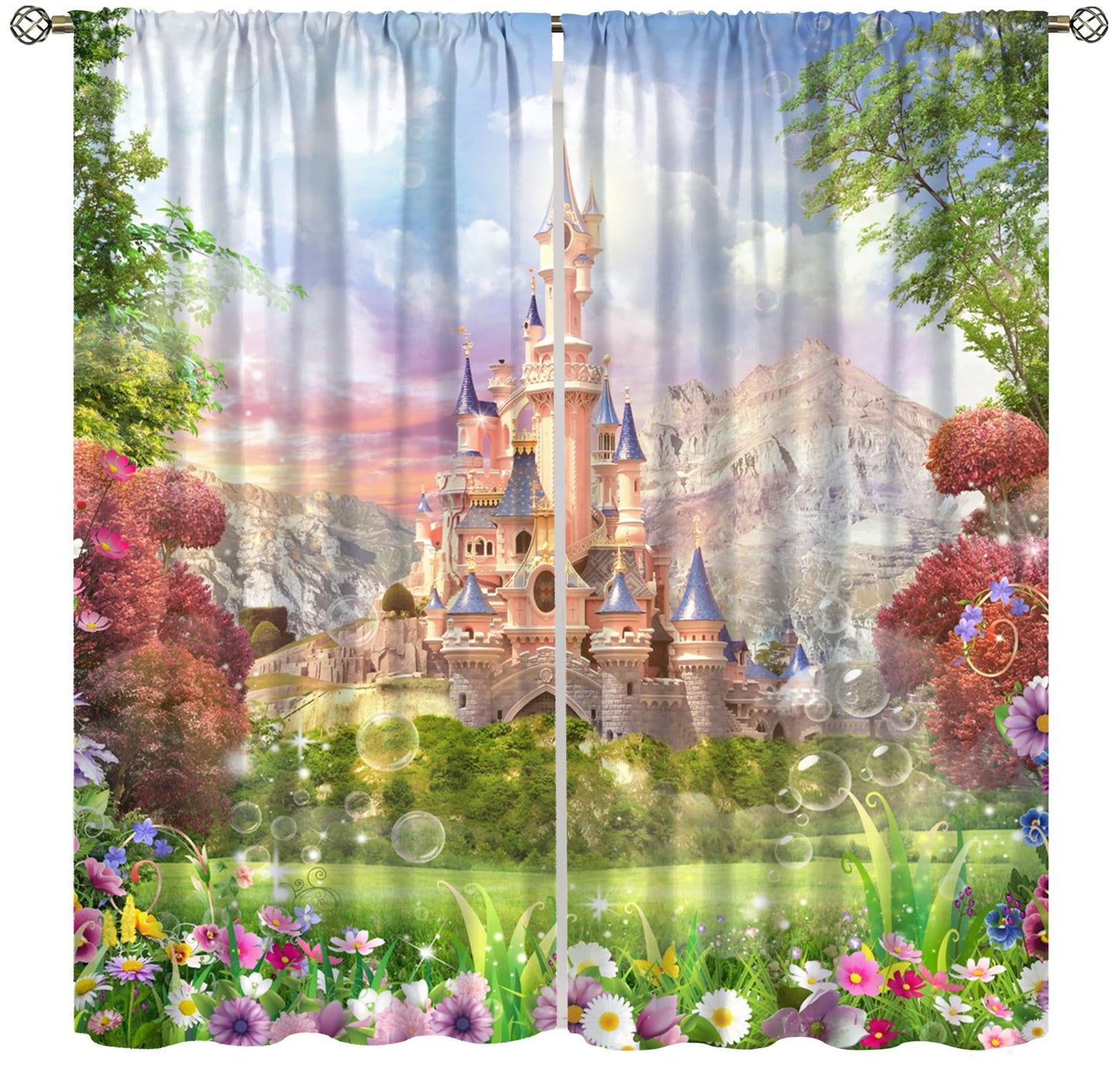 Pink Castle Curtains For Children Romantic Fairy Tale World One Garden Floral Castle Pattern Rod Pocket Window Drapes For Kids Girls Boys Bedroom Living Room 2 Panels Set 41x 45 in （No Blackout）