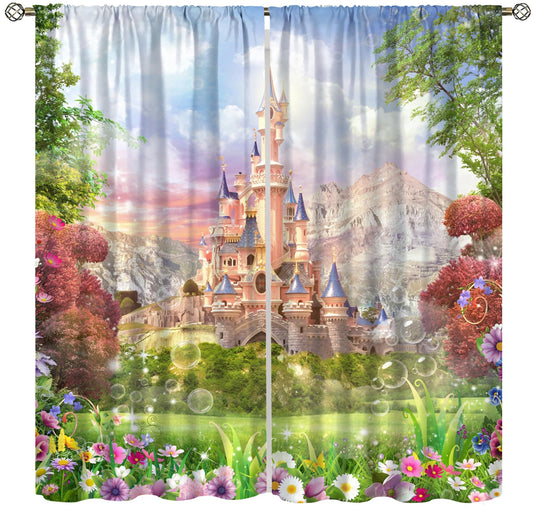 Pink Castle Curtains For Children Romantic Fairy Tale World One Garden Floral Castle Pattern Rod Pocket Window Drapes For Kids Girls Boys Bedroom Living Room 2 Panels Set 41x 45 in （No Blackout）