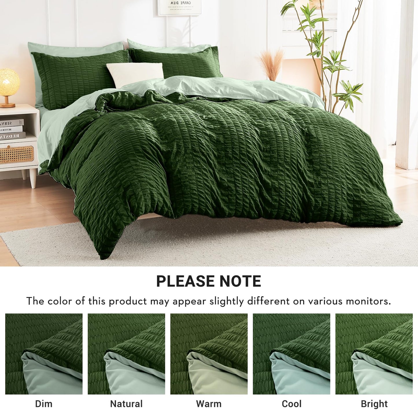 HYMOKEGE Dark Green/Sage Green Oversized Queen Comforter Set Seersucker 7 Pieces, All Season Luxury Bed in a Bag for Bedroom, Bedding Set with Comforter, Sheets, Pillowcases & Shams