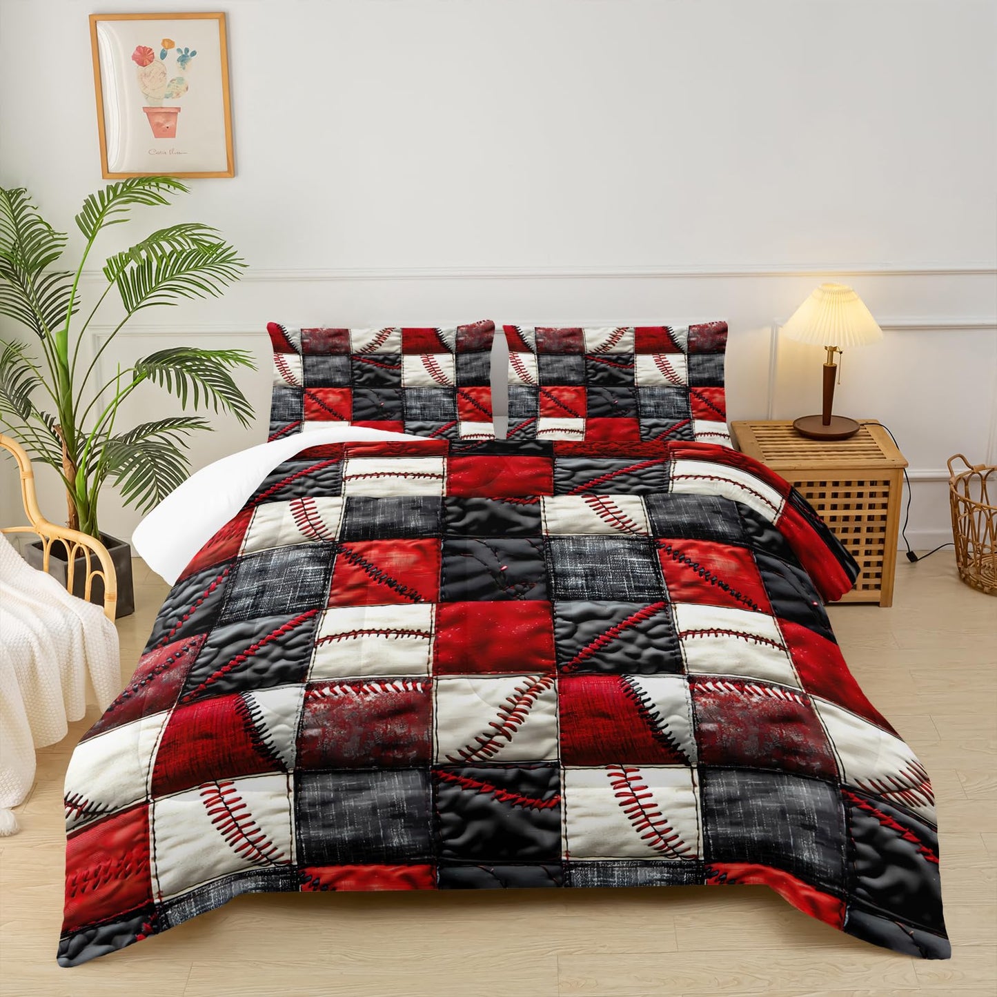 lneffble Red and Black Plaid Comforter Set Twin，Baseball Bedding Set Twin Red and Black，Sport Quilt for Boys，with 1 Comforter with 2 Pillow Case