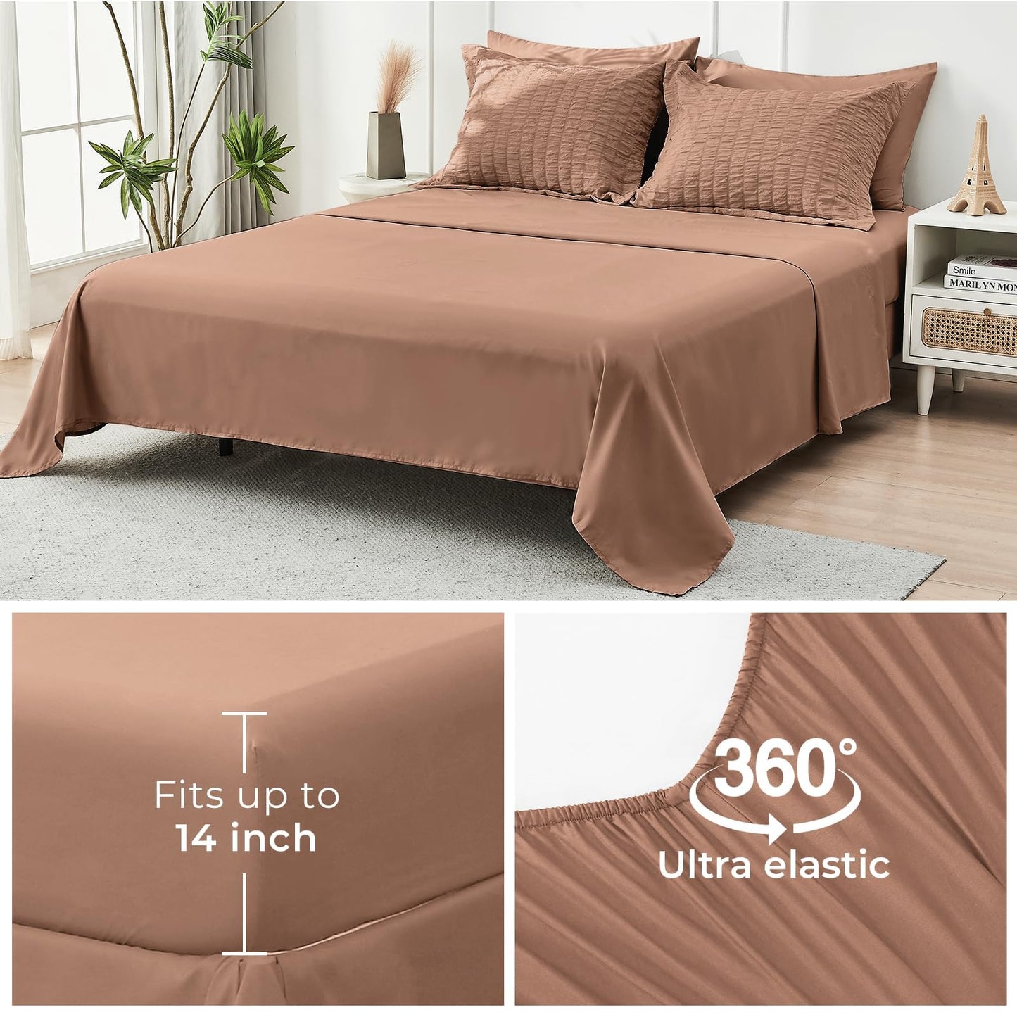 HYMOKEGE Mocha Mousse Twin Comforter Set Seersucker 5 Pieces, All Season Luxury Bed in a Bag for Bedroom, Bedding Set with Comforter, Sheets, Pillowcase & Sham