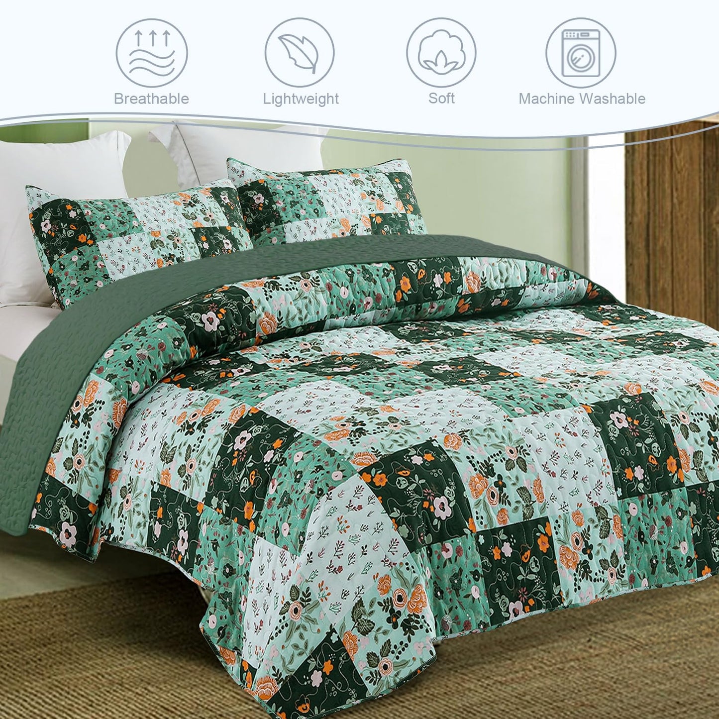 Exclusivo Mezcla Reversible Boho Quilts Queen Size, Green Soft Bedspreads Lightweight Coverlet All Season Patchwork Quilt Bedding Set with Printed Floral Pattern (1 Quilt, 2 Pillow Shams)