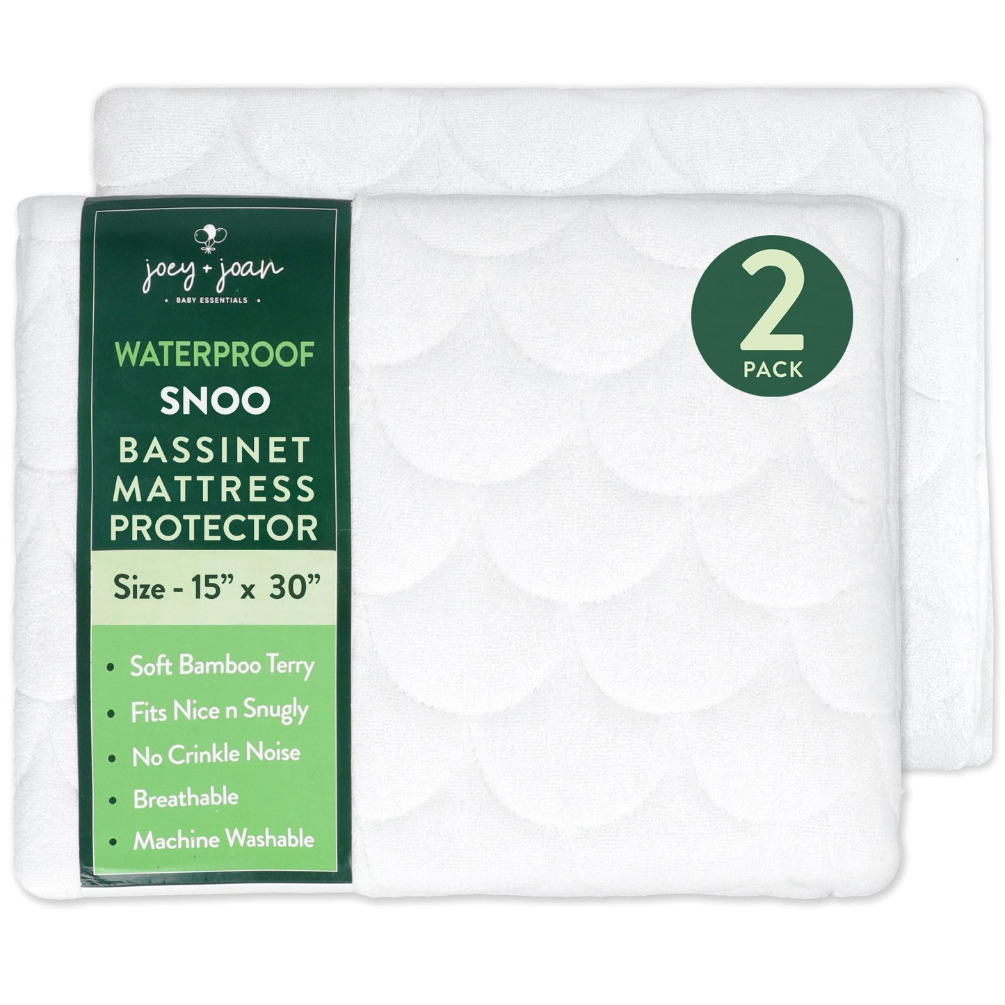 Joey + Joan Waterproof Bassinet Mattress Pad Cover Compatible with SNOO Smart Bassinet – 2 Pack Quilted Mattress Protector – 15" x 31"