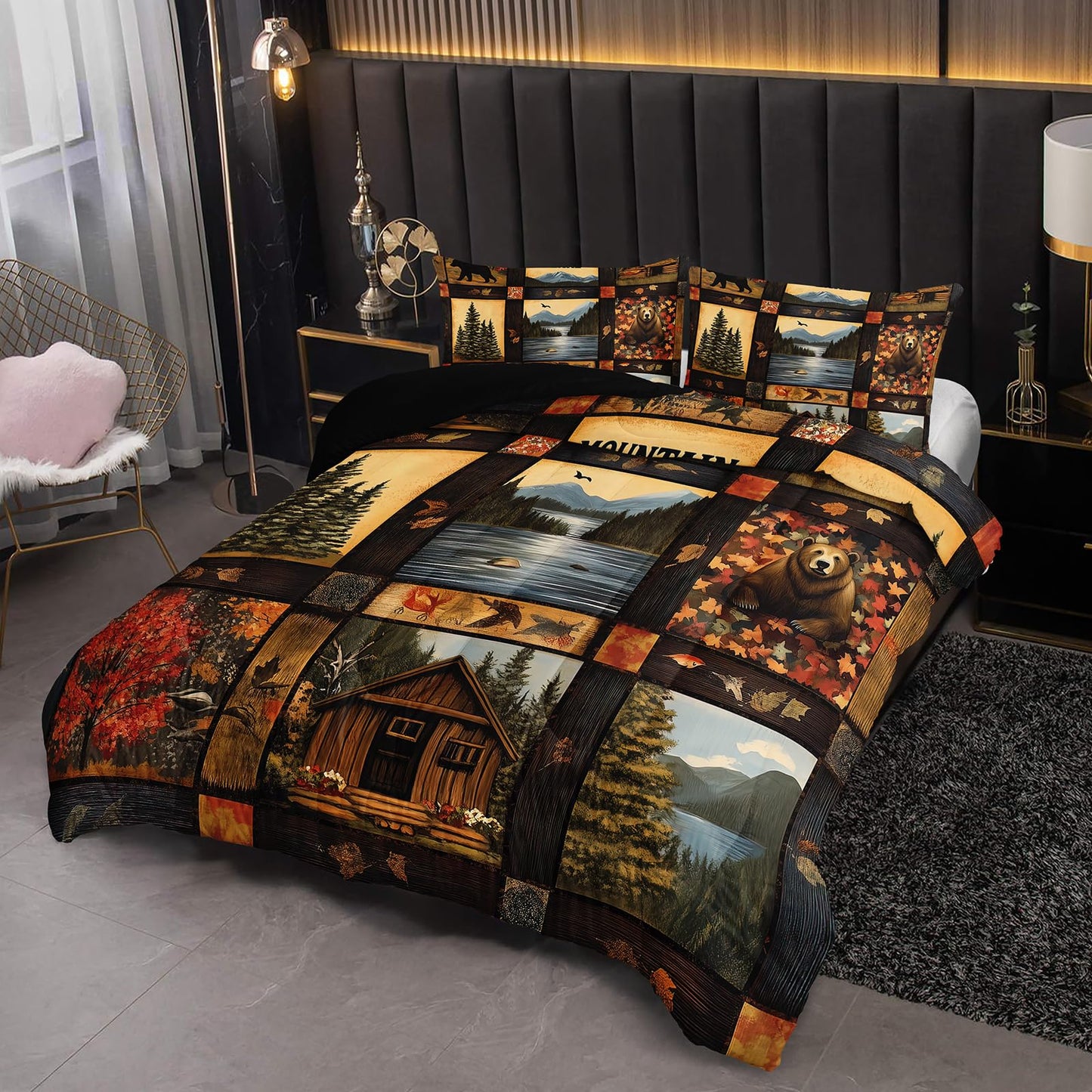 Nttopship Hunting Bear Comforter Set Twin,Bear Cabin Plaid Comforter Set Bedding Set for Kids Boys Men Adults Wildlife Pine Trees Rustic Farmhouse Soft Microfiber Comforter with 2 Pillowcases