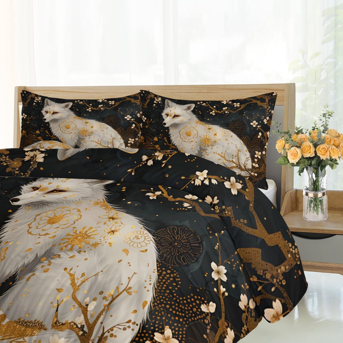PAISUOQ Fox Duvet Cover Queen Size - Mysterious Fox Home Decor & Gifts, 3 Piece Back to School Dorm Bedding, Easy Care Microfiber Comforter Cover & Pillowcases, Boho Jungle