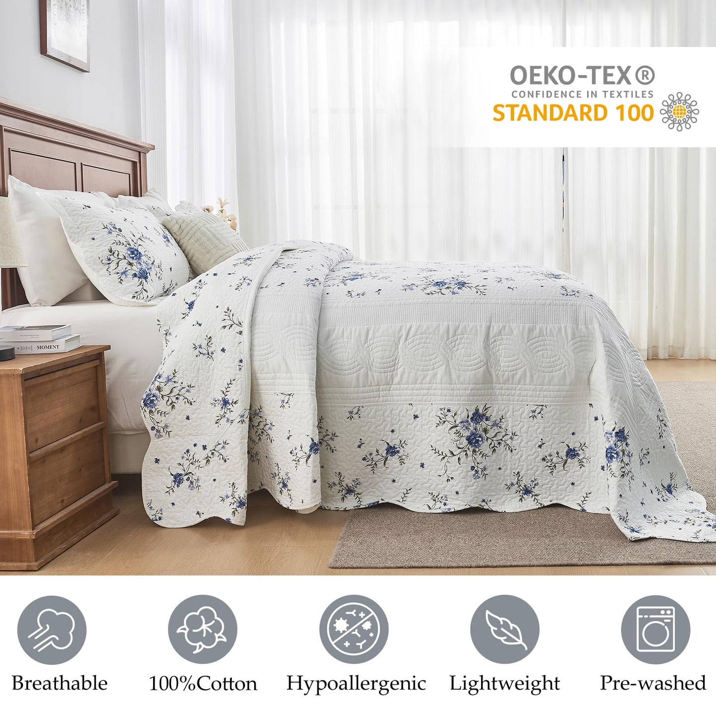CozyStitch Floral Bedspread 128"x120" California King Quilt, 100% Cotton XL Oversized King Bedspread Coverlet Set with 2 Pillowshams, Lightweight Farmhouse Quilted Comforter, White/Blue/Green, 3 Pcs