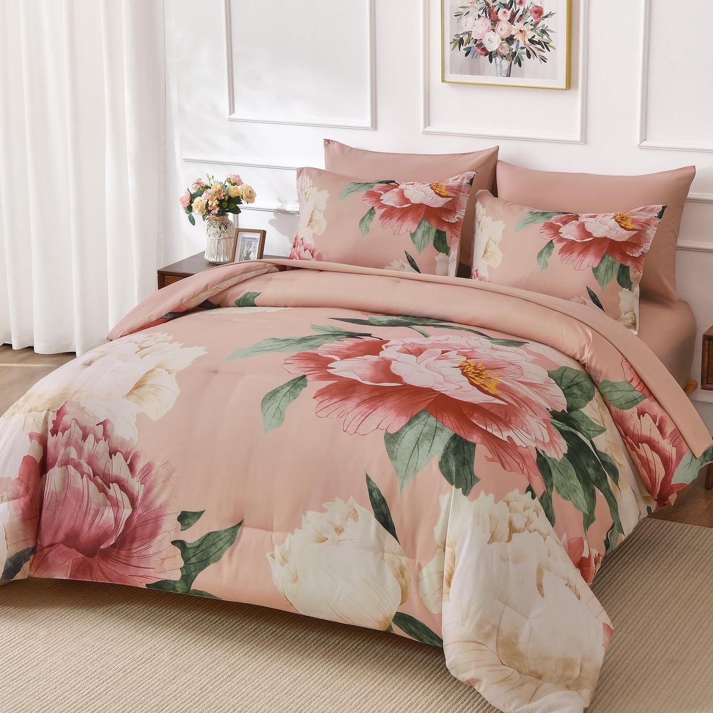 Dobuyly Coral Comforter Set Queen 7 Piece Bed in a Bag for Girls Women, Coral Pink Floral Bedding Set, Soft Microfiber Bed Set with Comforter, Sheets, Pillowcases & Shams