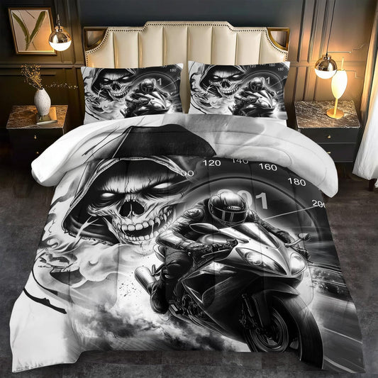 llyxsesty Motorcycle Skull Comforter Set Queen Size Black Goth Comforter Set for Boy Racing Themed Dirt Bike Bedding Teens Game Room Decor for Adults Extreme Sport Bedding Boys