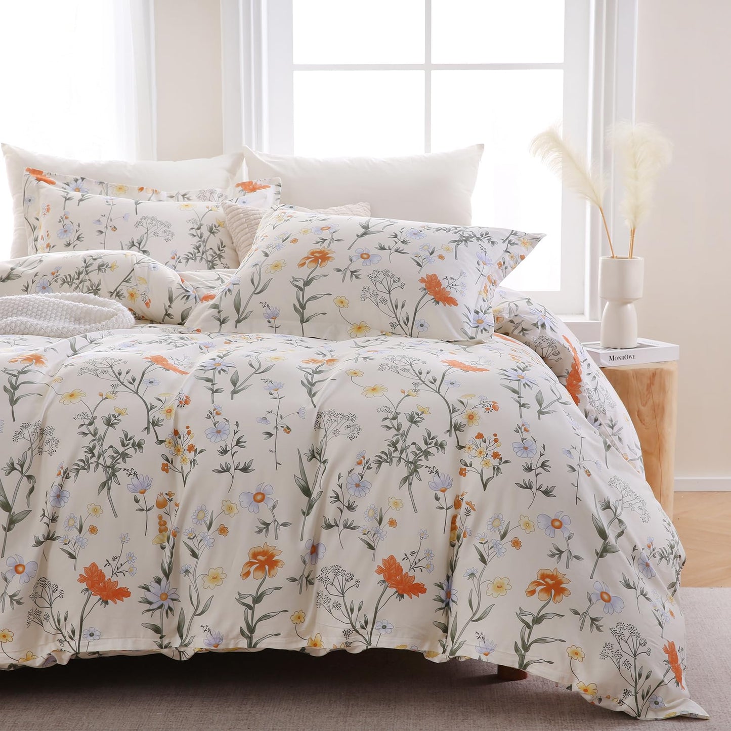 Ocharo Spring Floral 100% Cotton Duvet Cover King Size,Reversible Bedding Set with Yellow White Flowers,Soft Garden and Farmhouse Theme Duvet Bed Cover with 2 Pillow Cases(20"x36")