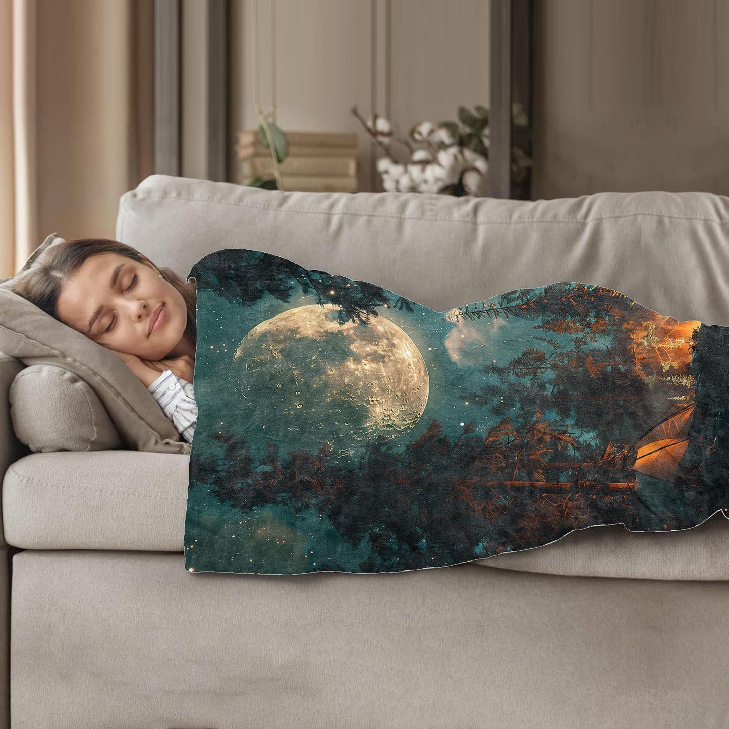 Plistiz Camping Throw Blanket 50x60, Moonlit Night Design Blankets for Living Room Decor, Cozy Warm Flannel Outdoor Adventure Gifts for Adults and Kids