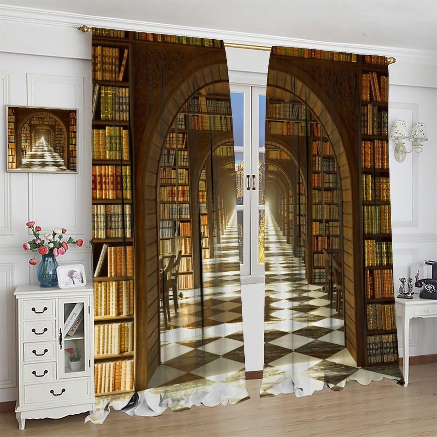 Nsbul Bookshelf Curtains, Vintage Library Books Window Treatments Antique Wooden Bookcase Drapes for Bedroom Living Room, 42" W X 45" L (No Blackout)