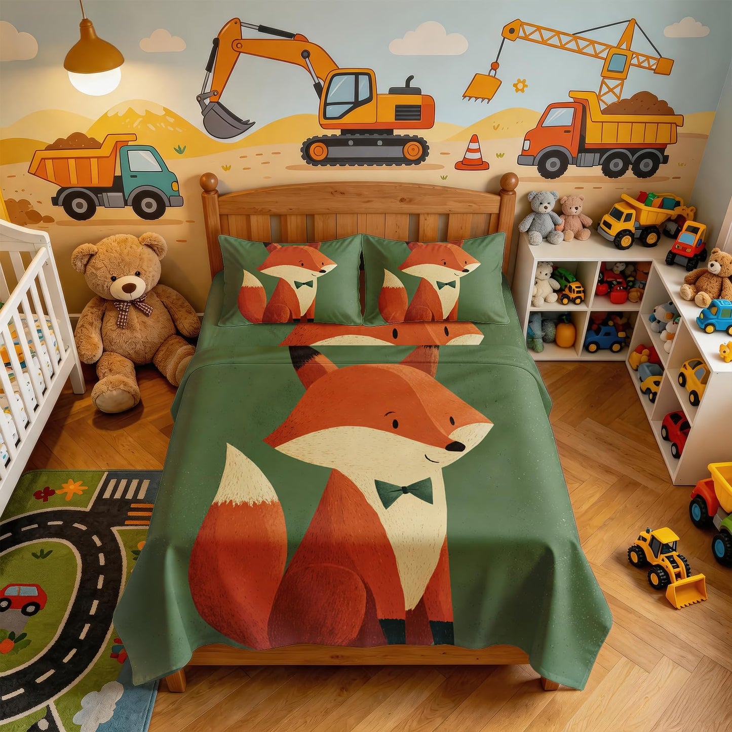 Fox Twin Bedding Set Cartoon Animal Sheet Sets, Orange Green