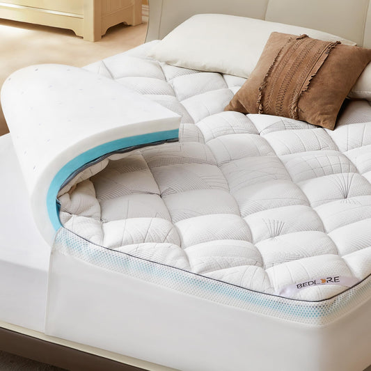 Bedlore 4-Inch King Mattress Topper for Back Pain - Dual Layer Medium Support (2" Gel Memory Foam + 2" Cooling Fluffy Pillow Top Pad), Breathable & Pressure Relief (White)