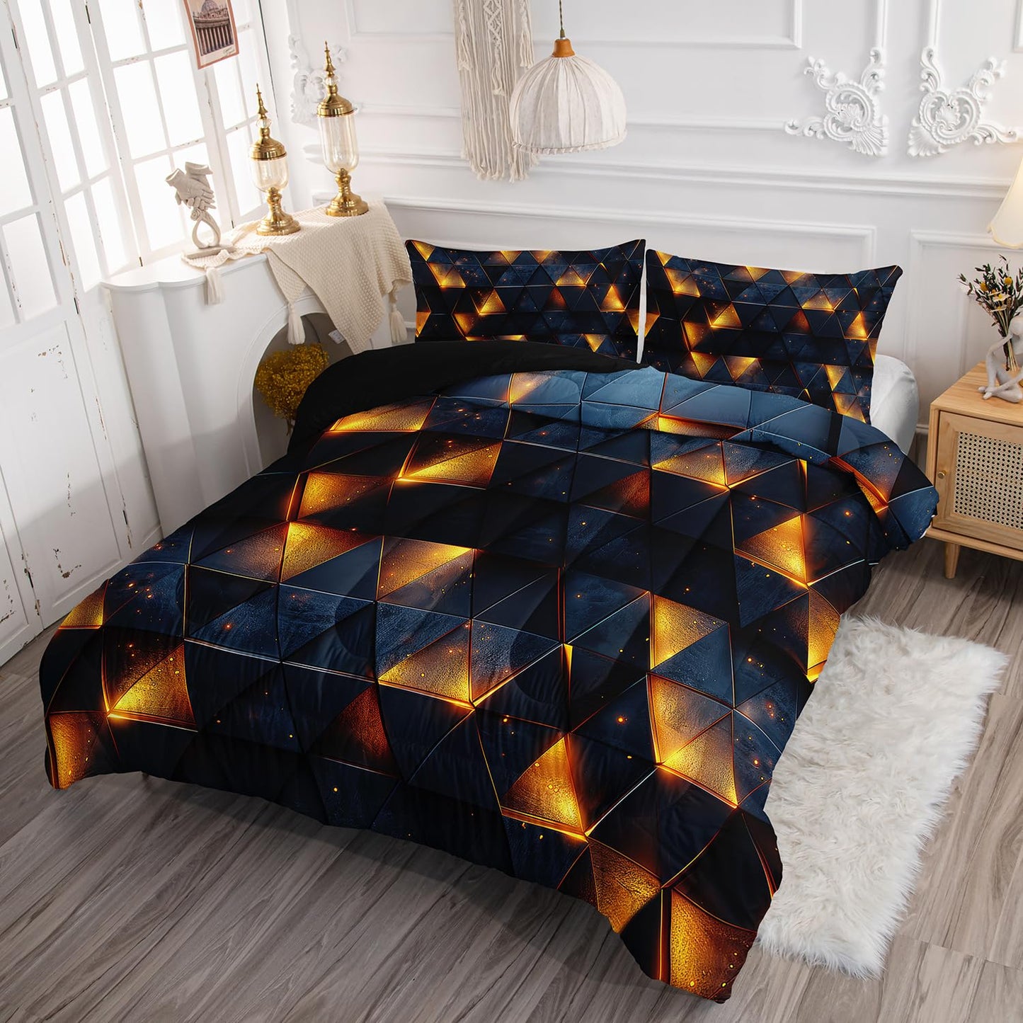 Smell Sunshine 3D Geometric Comforter Set Yellow Neon Light Printed Bedding Set with 1 Comforter and 2 Pillowcases for Boys and Girls Bedroom All Season(Geometric Twin)