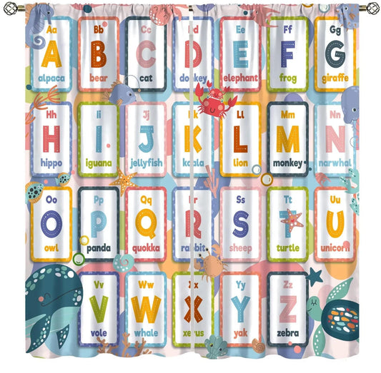 AAVEUP Alphabet Education ABC Curtains, Cartoon Watercolour Sea Animals Early Childhood Enlightenment Learning Windows Treatments Drapes for Kids Baby Nursery Bedroom 42x45in（No Blackout）