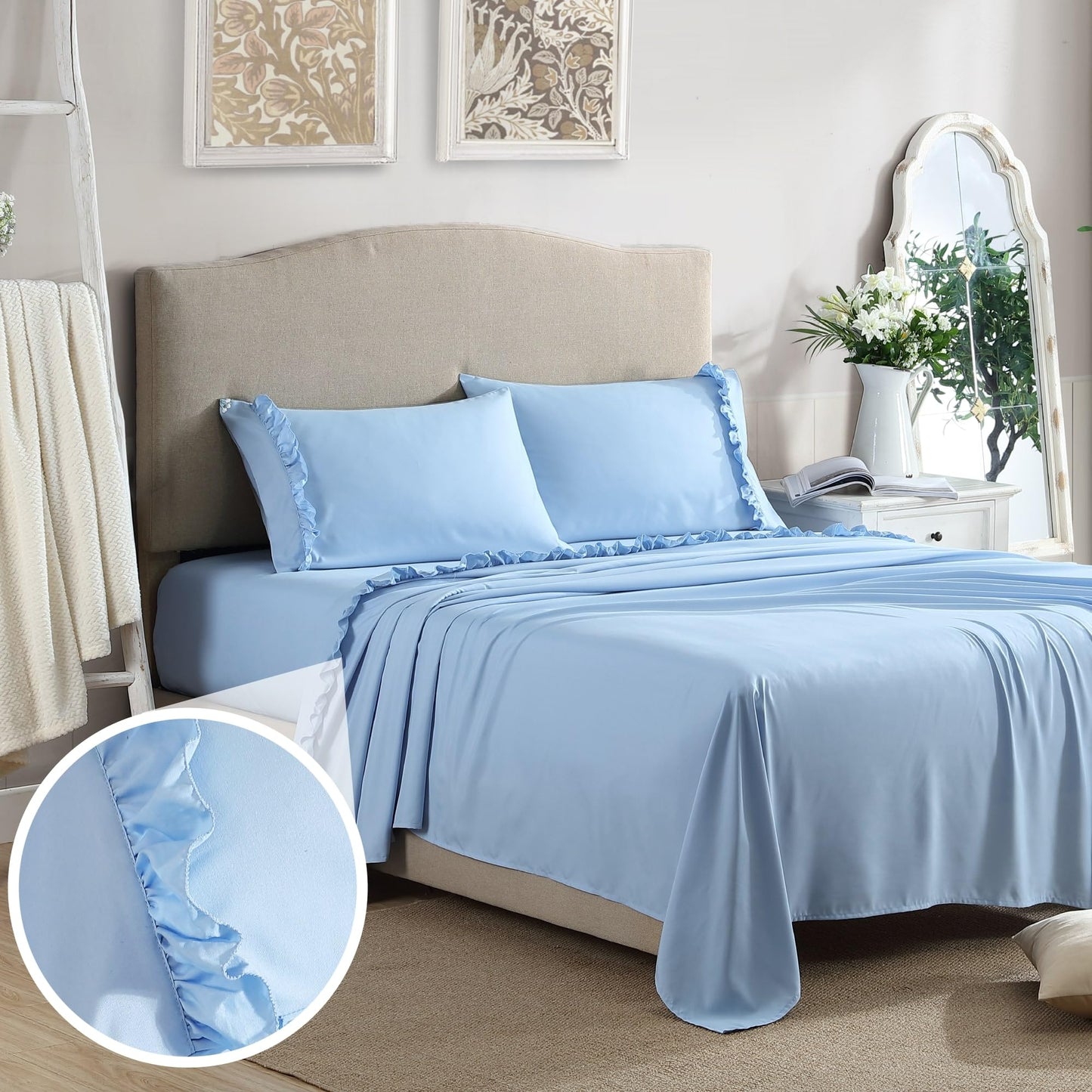 Swift Home Ultra-Soft Elegant 2-inch Ruffled Hem Design on Flat Sheet and Pillowcases, Wrinkle Resistant, Fade Resistant, Deep Pocket, Double Brushed 4-Piece Microfiber Sheet Set - King, Blue Bell