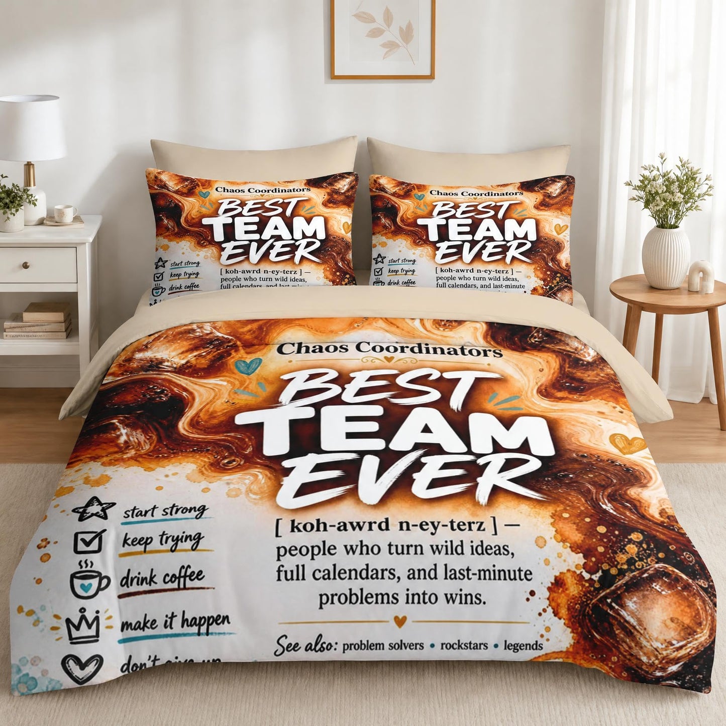 Boewywh Comforter Set Twin Size Coffee Funny Motivational 7 Pcs, Bedding for Kids and Adults, Bed Sheet Sets with Fitted Sheet 2 Pillowcases & 2 Shams for Bedroom Bed Decor