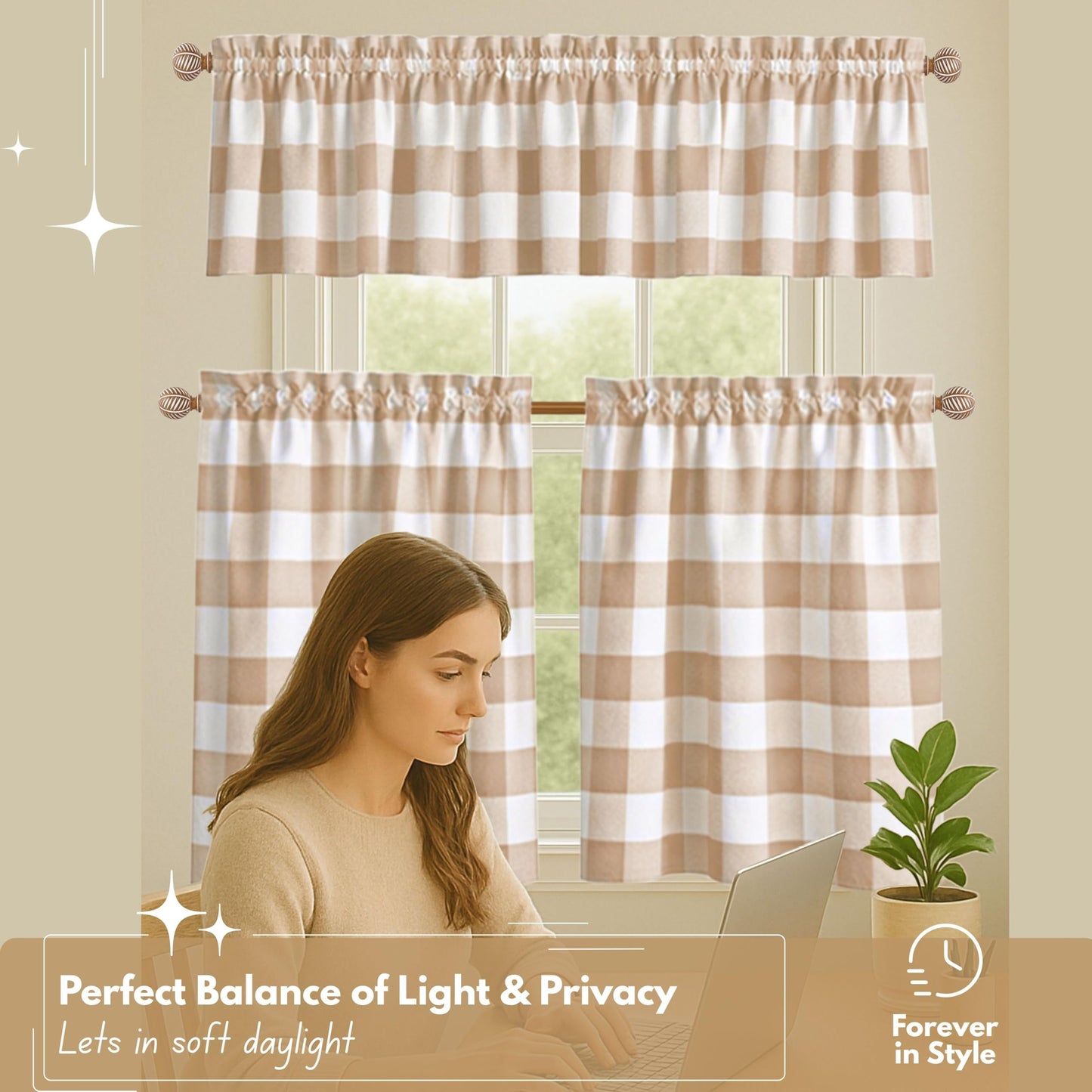 Native Fab Beige Buffalo Check Window Curtains, 3 Piece Cotton Tier and Valance Set, 2 Tiers 26x36 Inch and Valance 54x18 Inch, Rod Pocket Curtains for Living Room, Bedroom, Kitchen, Beige White