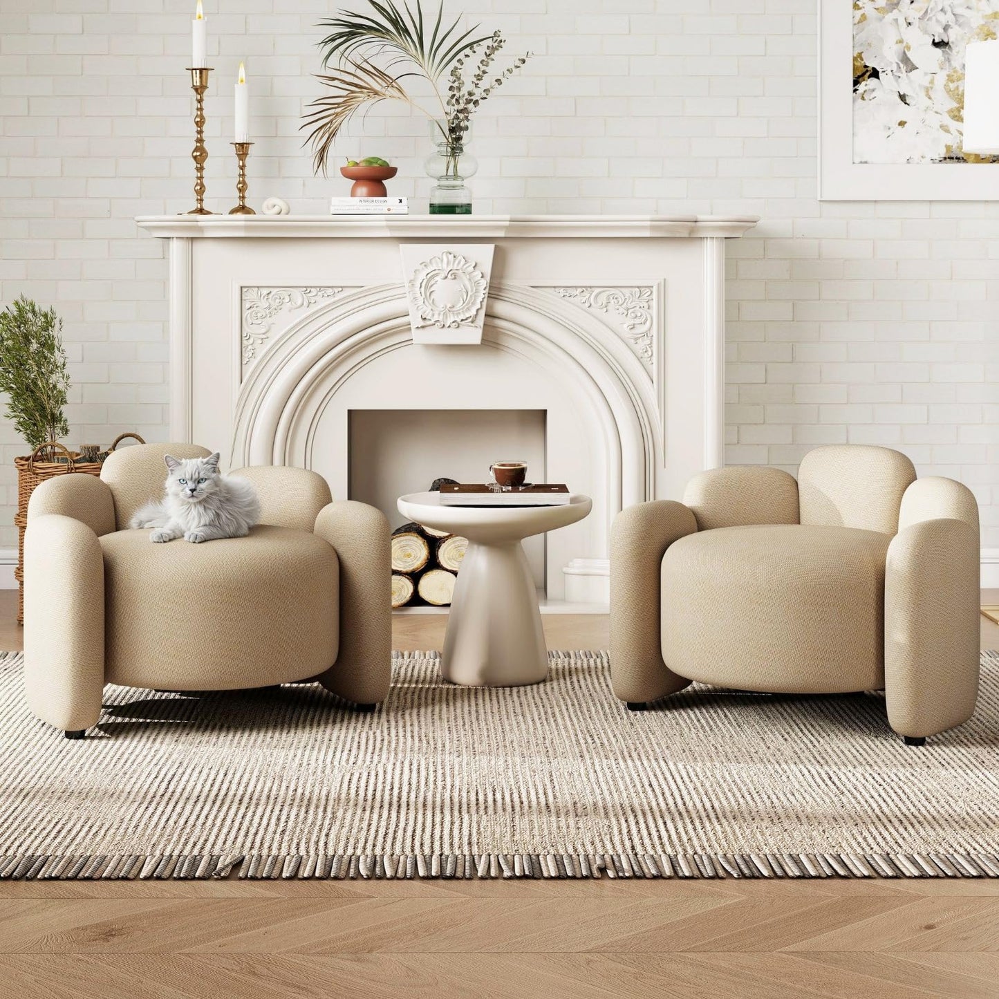 Hyfirm Mid-Century Modern Accent Chairs Set of 2, Upholstered Chenille Barrel Chairs with Solid Wood Base, Comfy Reading Chairs for Living Room, Bedroom, Apartment, Deep Seat Side Chairs, Khaki