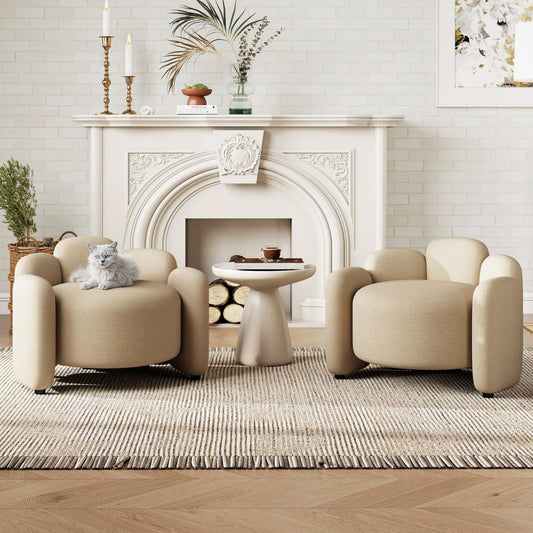 Hyfirm Mid-Century Modern Accent Chairs Set of 2, Upholstered Chenille Barrel Chairs with Solid Wood Base, Comfy Reading Chairs for Living Room, Bedroom, Apartment, Deep Seat Side Chairs, Khaki