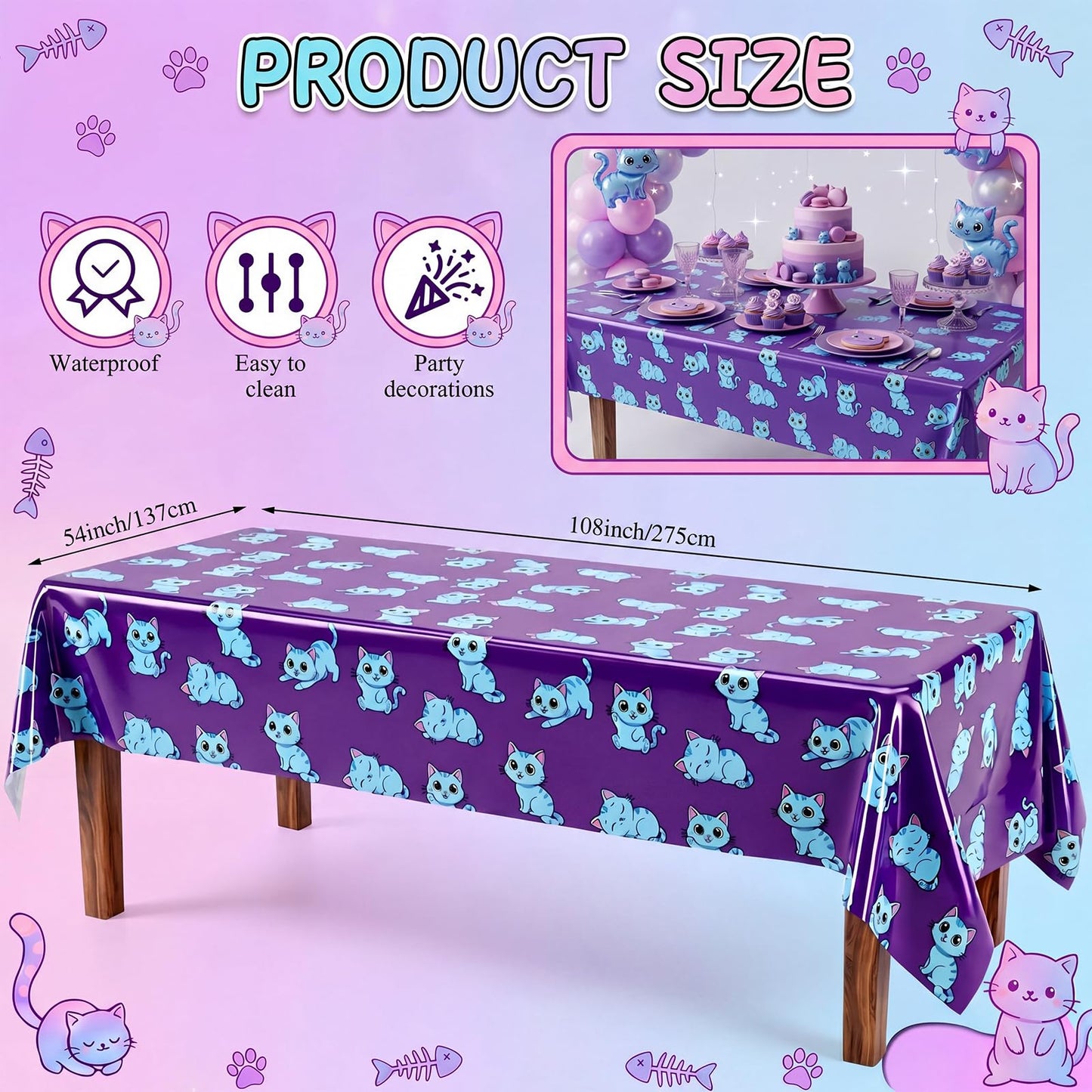 Breling 2 Pcs Blue Cat Kpop Birthday Decoration Tablecloths 54 x 108in Blue Cat Plastic Table Cover Disposable Kpop Theme Tablecloth Party Table Cover Korean Idol Movie Decor for Bachelorette Birthday