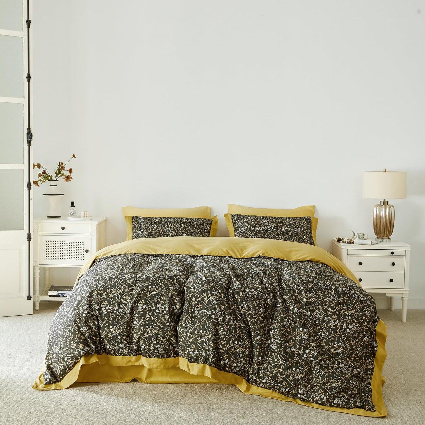 SUSYBAO Mustard Yellow Flower Duvet Cover Queen 100% Cotton 3 Pcs Set 1 Boho Vine Botanical Patterned Duvet Cover with Zipper Ties 2 Pillow Shams Decorative Hemmed Bohemian Floral Bedding Set Soft