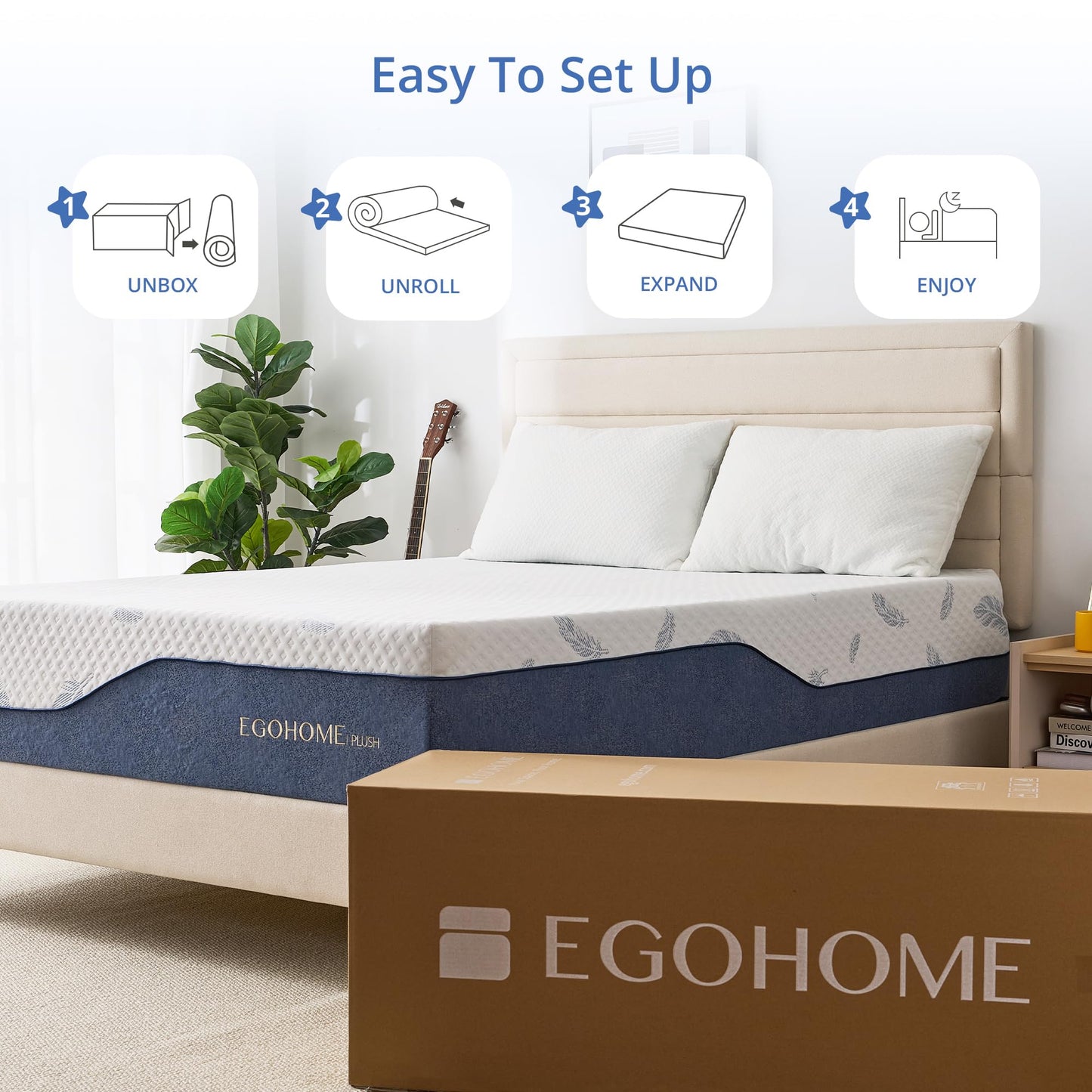 EGOHOME Plush King Size Mattress 14 Inch Memory Foam Mattresses Bed in a Box with Gel Foam and Removeable Fiberglass Free Cover for Cool Sleep and Back Pain Relief, CertiPUR-US Certified, Blue