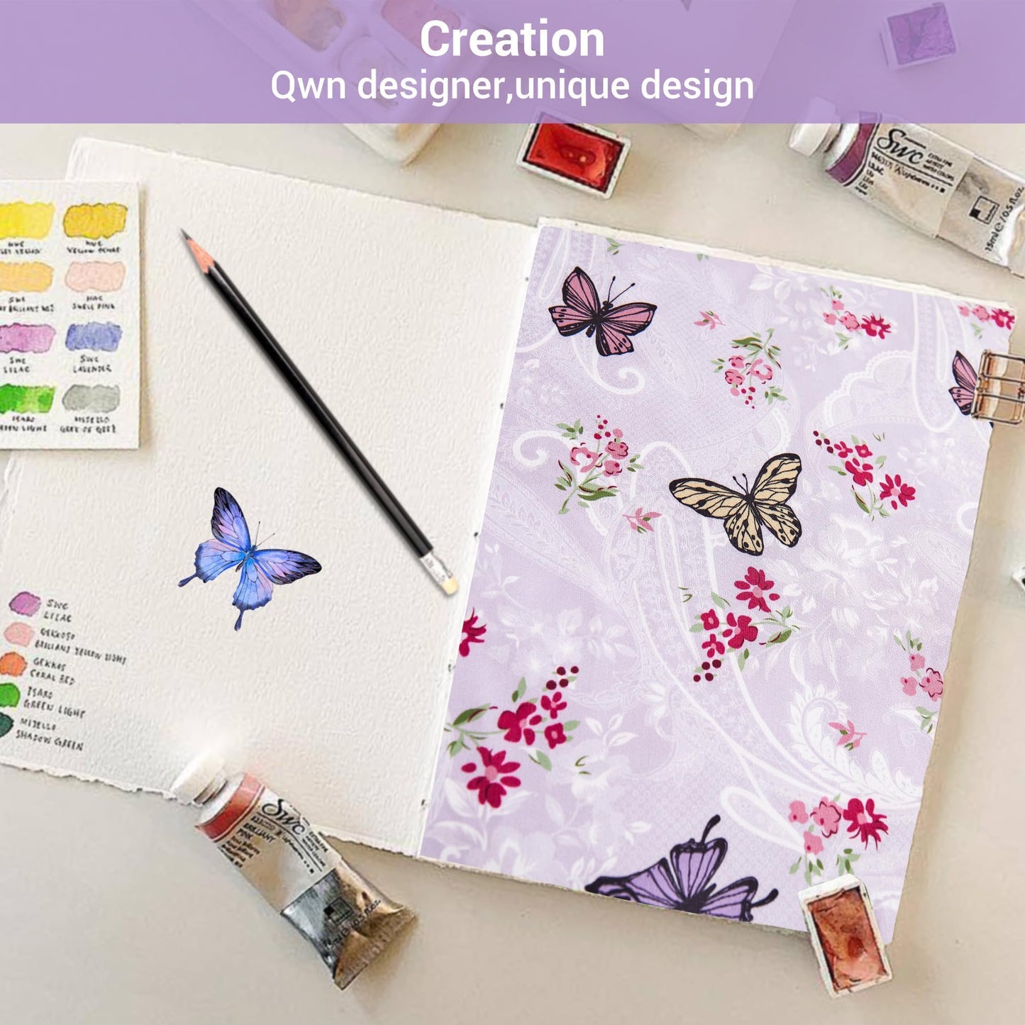 Paisley Floral Bed Sheets Queen Set, Purple Flower Printed Sheets for Queen Size Bed, Microfiber Fitted Sheet with 15" Deep Pocket and Corner Straps, Butterfly Patterned Sheet & Pillowcase Sets