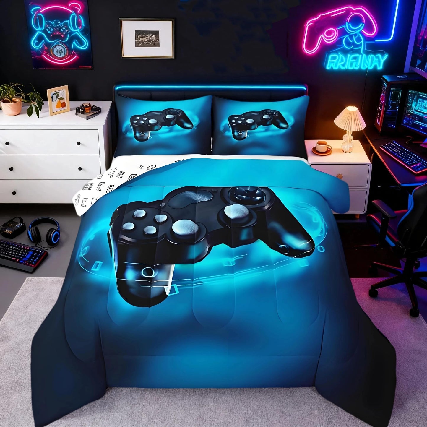 Feelyou Gamer Comforter Sets for Boys Twin Bedding Set for Boys Kids Gaming Comforter Gamer Room Decor Blue Video Game Bed Set Teens Bedroom Gamepad Duvet Set All Season 1 Comforter with 1 Pillow Case