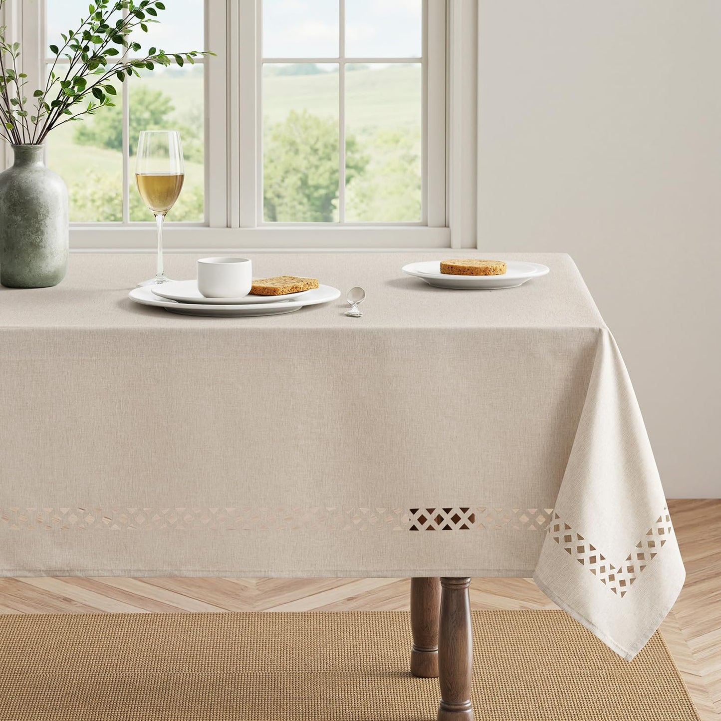 MIULEE Beige Rectangle Linen Polyester Tablecloth with Decorative Cutouts Spring Waterproof Stain Resistant & Shrink-Proof Table Cloth 52x70 inch Farmhouse Style for Dining Wedding and Outdoor