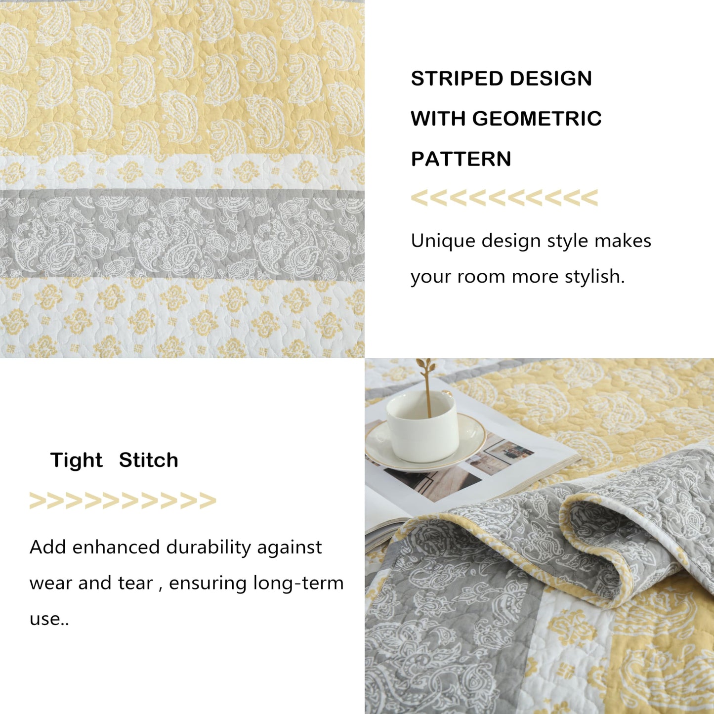 AJOCCI Yellow Quilts Queen Size, Paisley Comforter Set Queen Cotton Bed, Yellow Grey White Comforter, Striped Bedding Queen Size, Lightweight Luxury Bedspread,3 Piece
