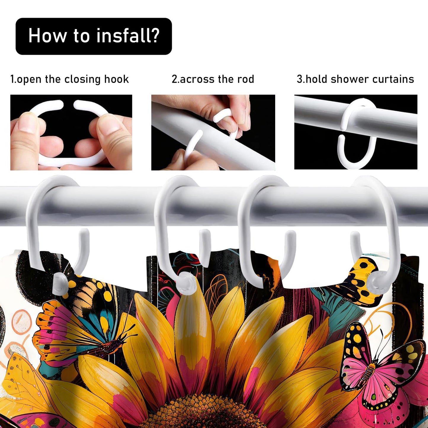 AZHM Shower Curtain Sets with Rugs 4 Piece Sunflower Bathroom Sets Decor Accessories Include Non-Slip Rug Toilet Lid Cover Bath Mat and 12 Hooks