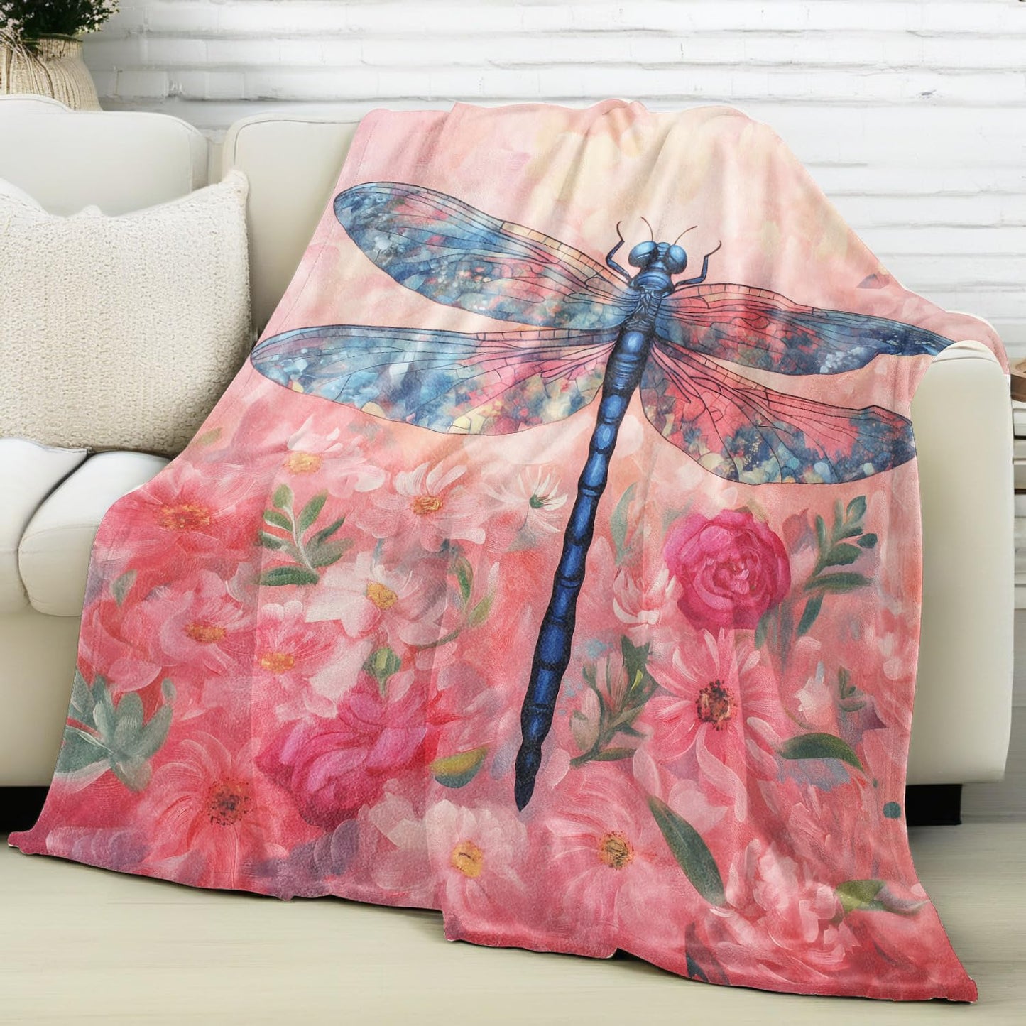 vnlvnl Dragonfly and Floral Blanket Lightweight Flannel Blankets Gifts for Adults Oil Painting Style with Blue Wing and Pink Flower Printed Throw for Couch Chair Office Bedroom Decor, 60x50inch